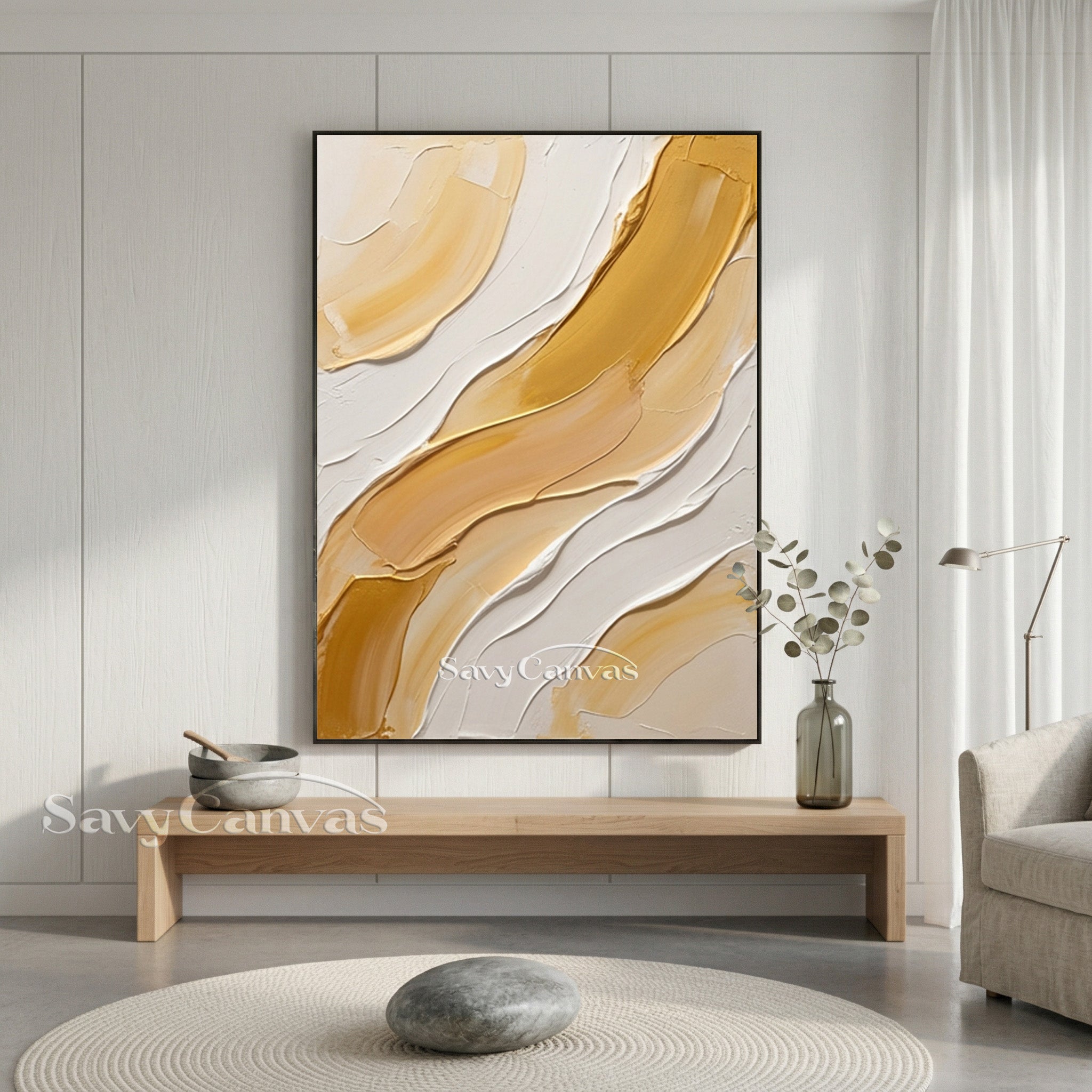 Modern Gold & White Impasto Palette Knife Abstract Wall Art #SS 178