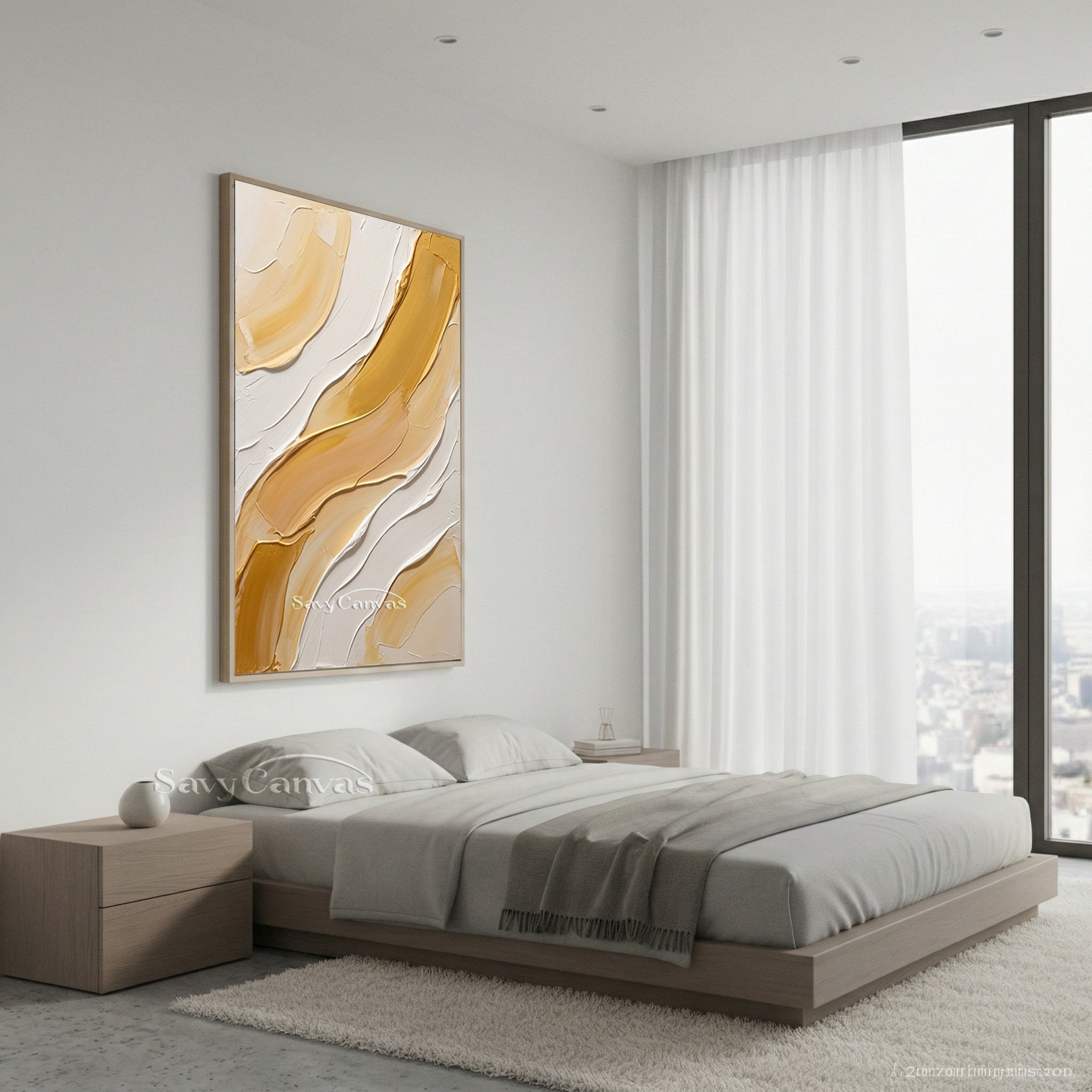 Modern Gold & White Impasto Palette Knife Abstract Wall Art #SS 178