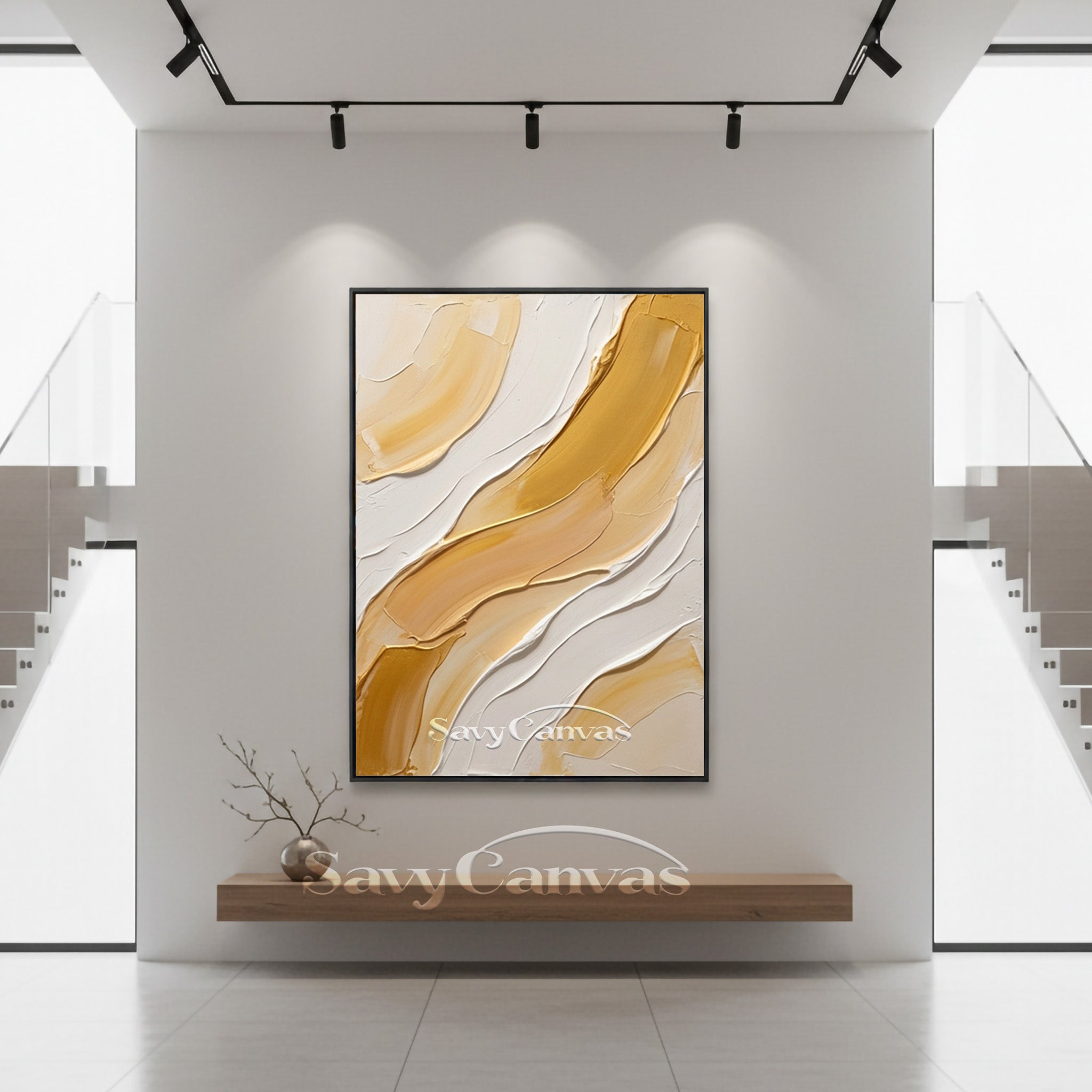 Modern Gold & White Impasto Palette Knife Abstract Wall Art #SS 178