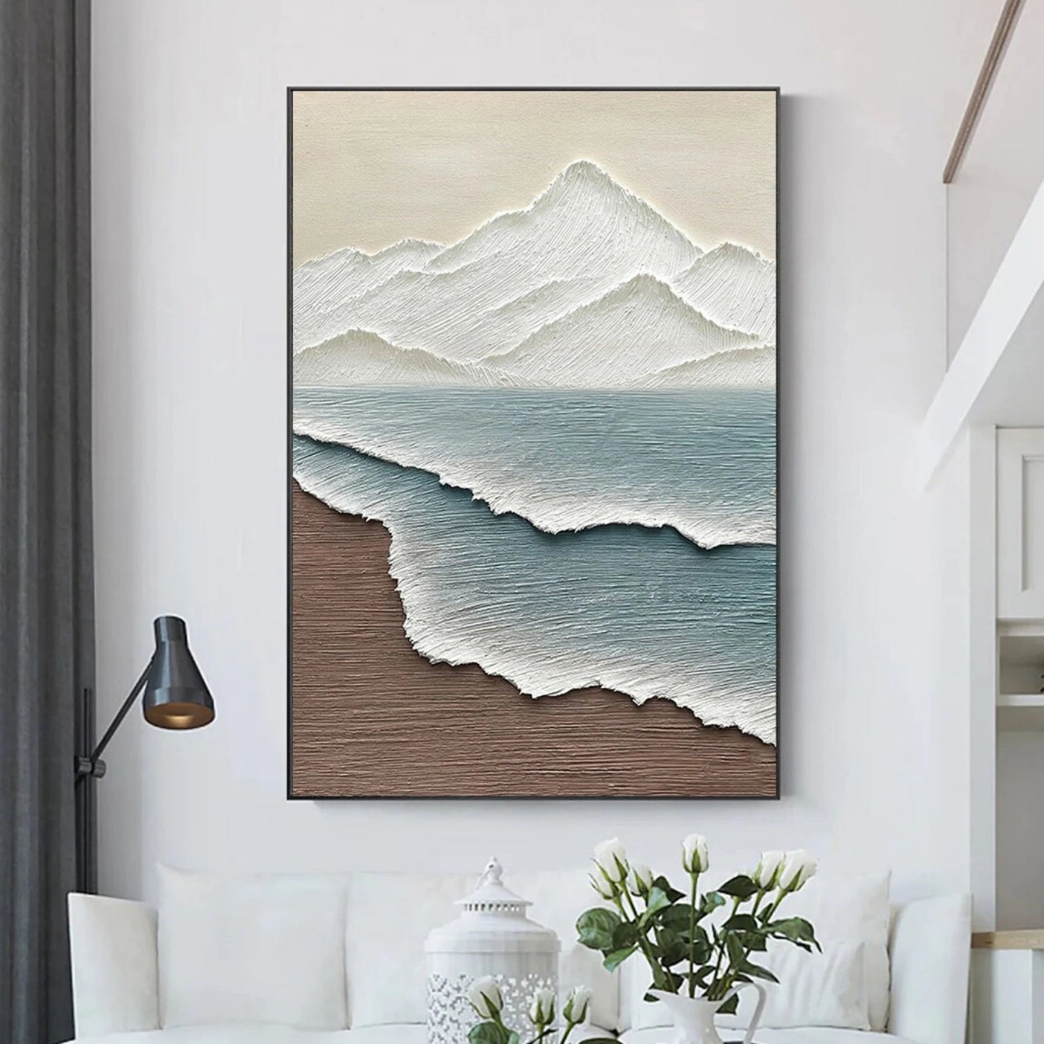 White Blue Textured Mountain Sea Abstract Oil Painting - Modern Art #JJ 115