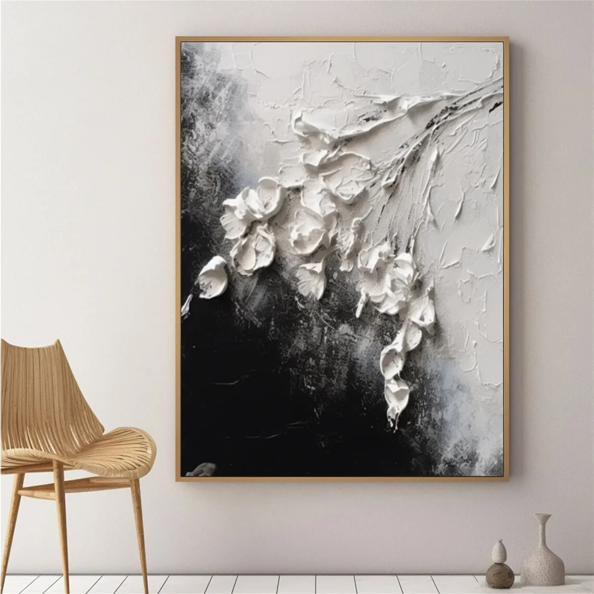 Black and White Floral Wall Art | Large Vertical Textured 3D Painting #ZZ 183