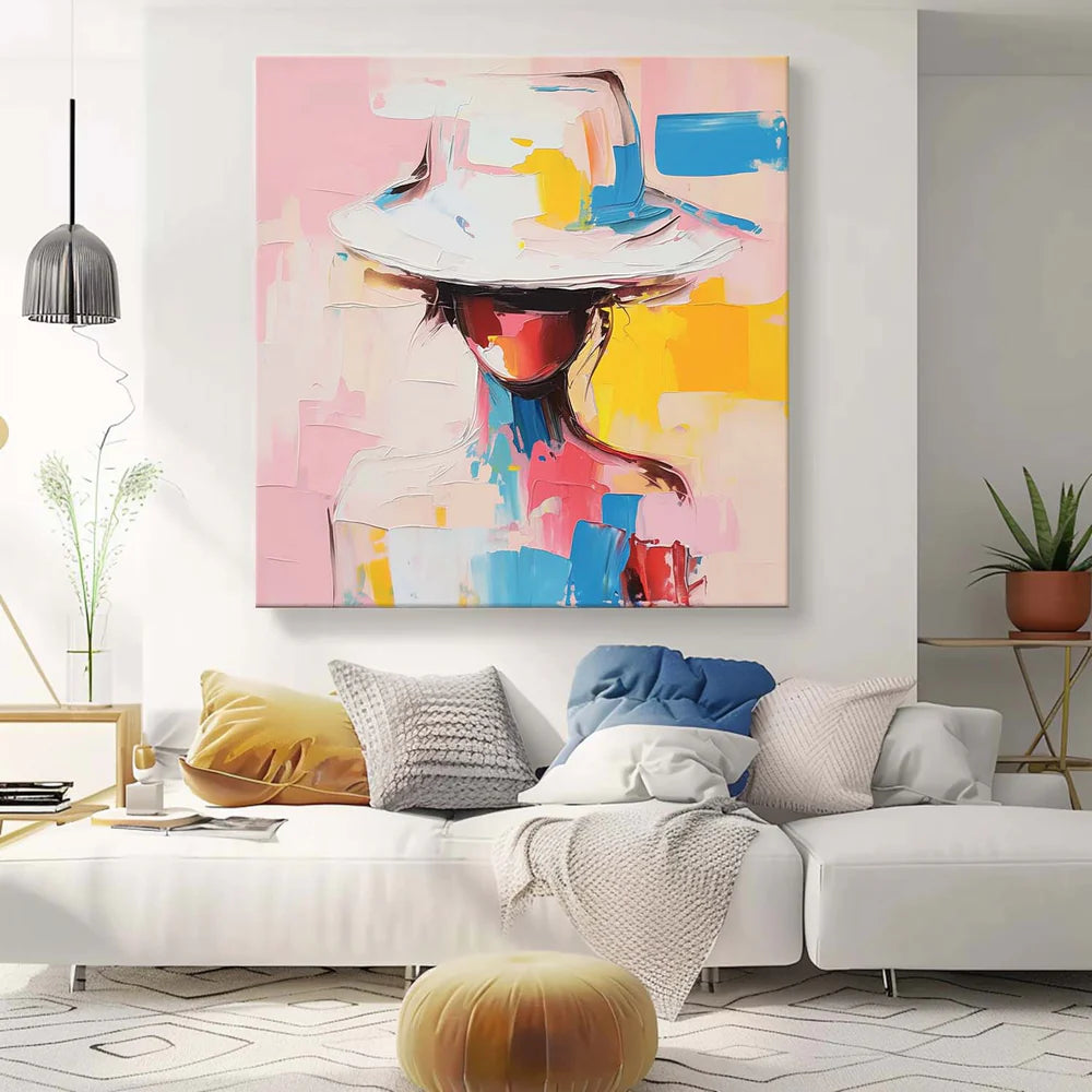 Modern Abstract Woman Oil Painting - Figure Art with Hat #JJ 048