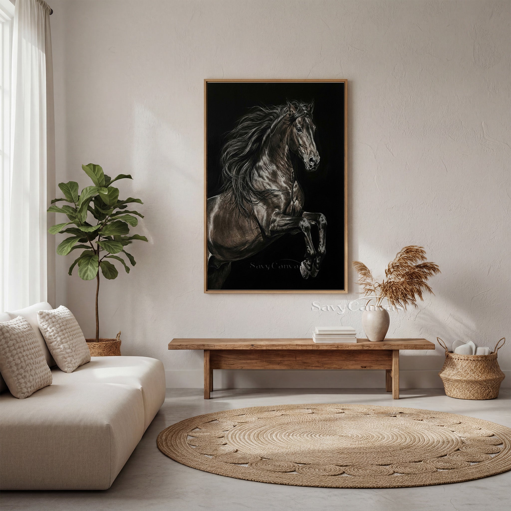 Hand-painted Black Rearing Horse Oil Painting on Canvas #SS 016