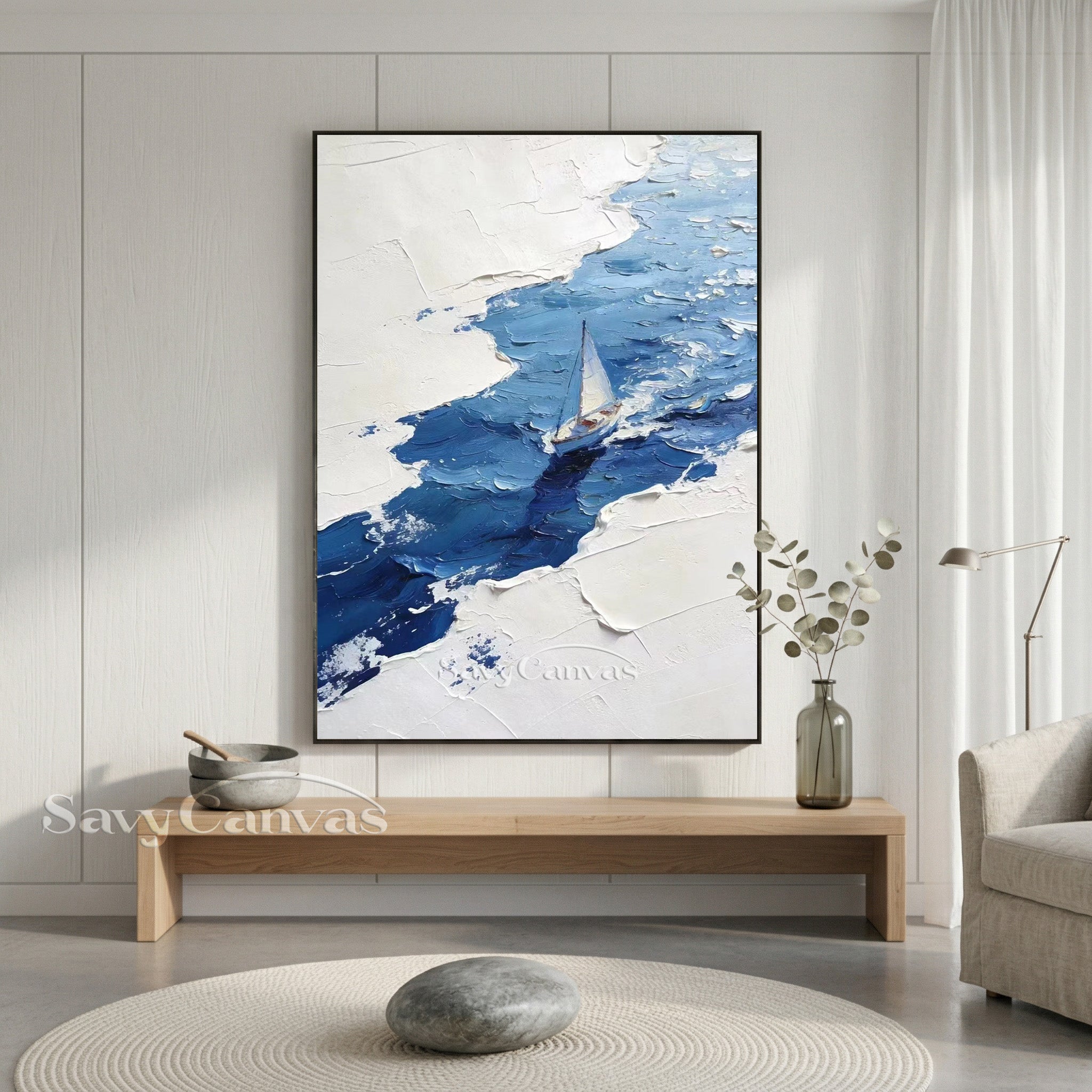 Textured White and Blue Abstract Sailboat Art | Hand-painted Oil #SS 004