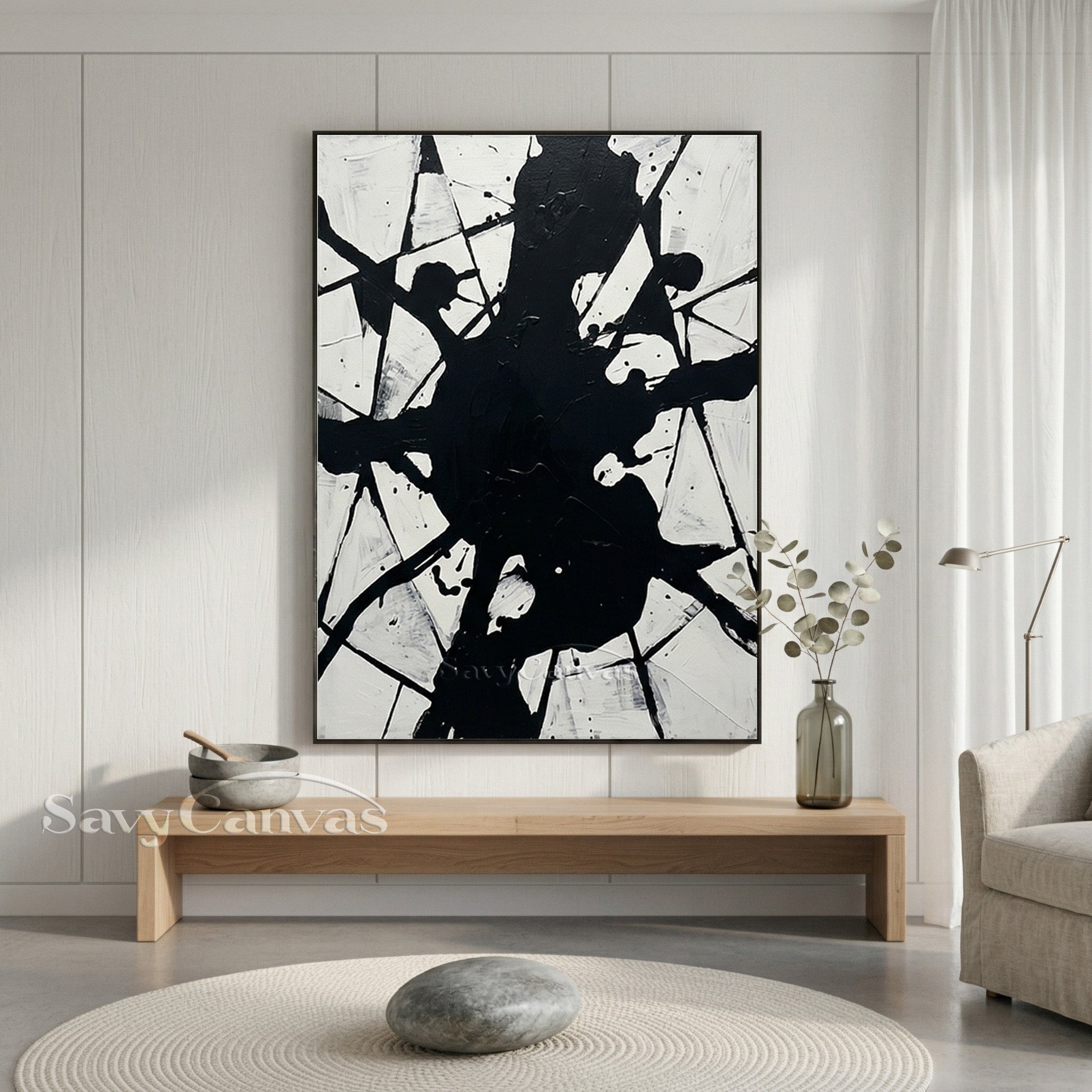 Bold Splatter Abstract Wall Art - Original Black & White Painting #JJ 447