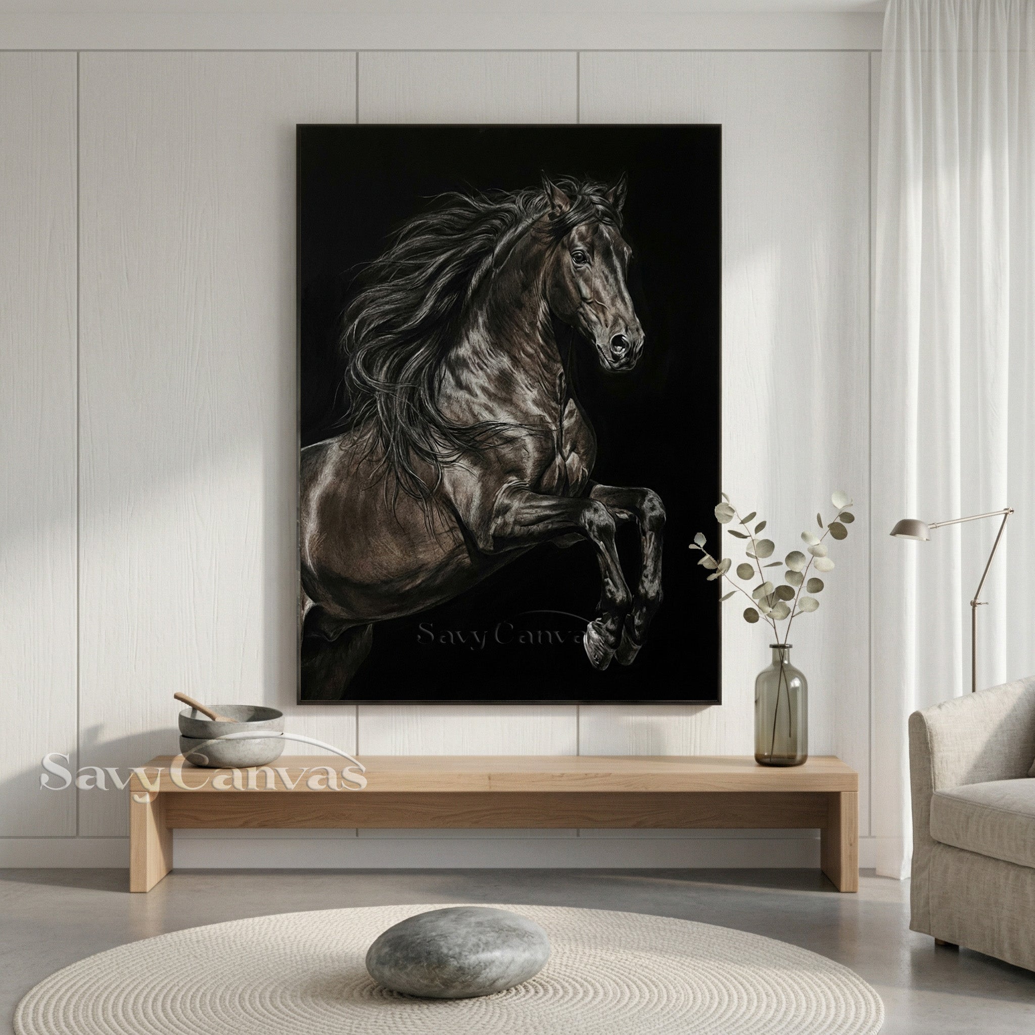 Hand-painted Black Rearing Horse Oil Painting on Canvas #SS 016