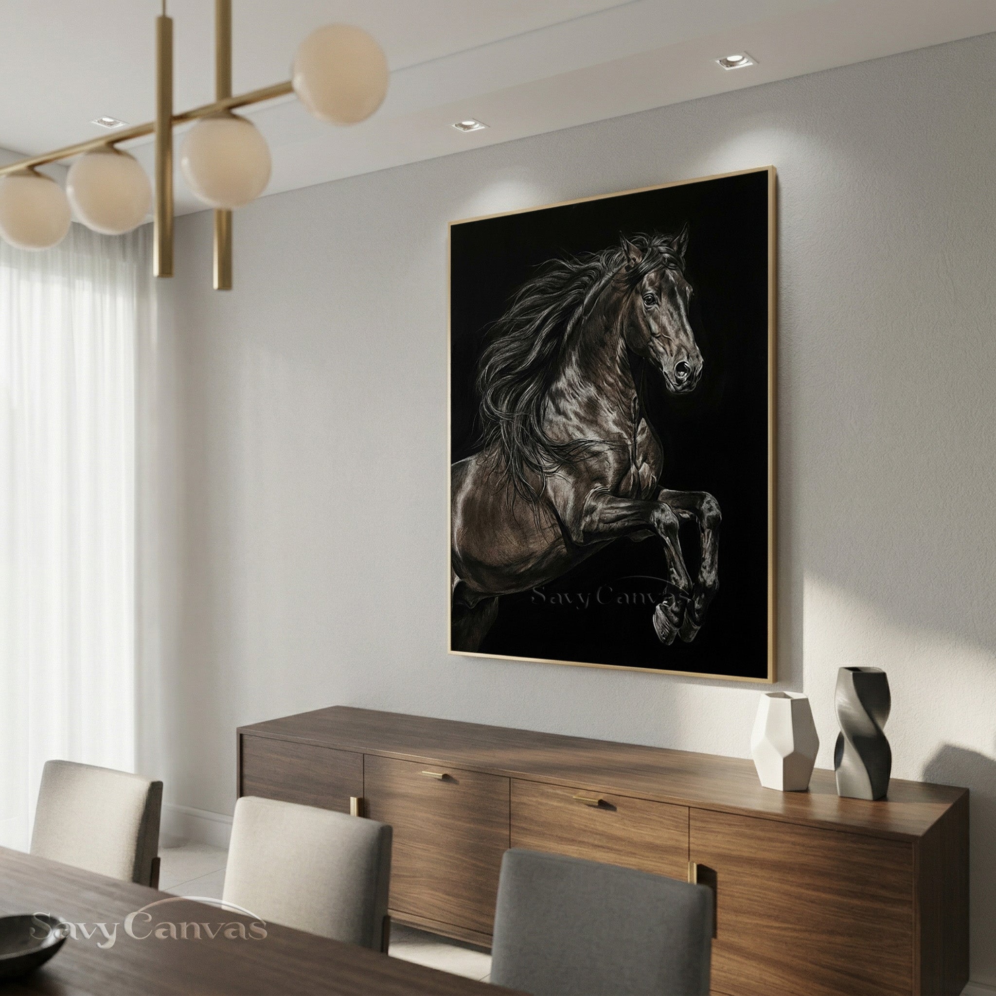 Hand-painted Black Rearing Horse Oil Painting on Canvas #SS 016