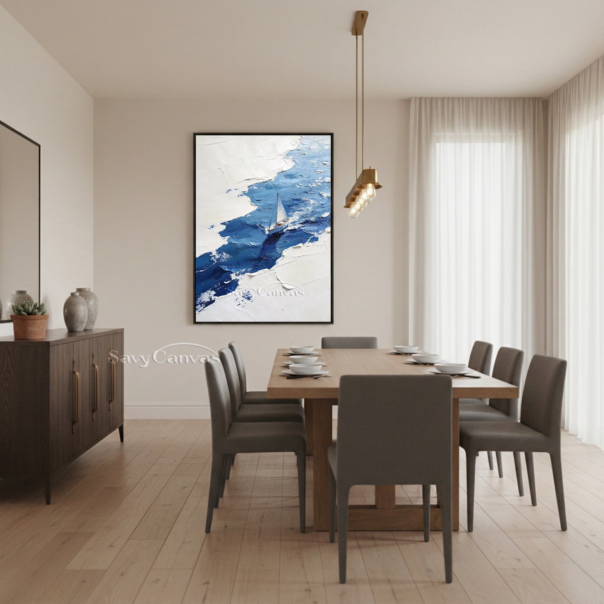 Textured White and Blue Abstract Sailboat Art | Hand-painted Oil #SS 004