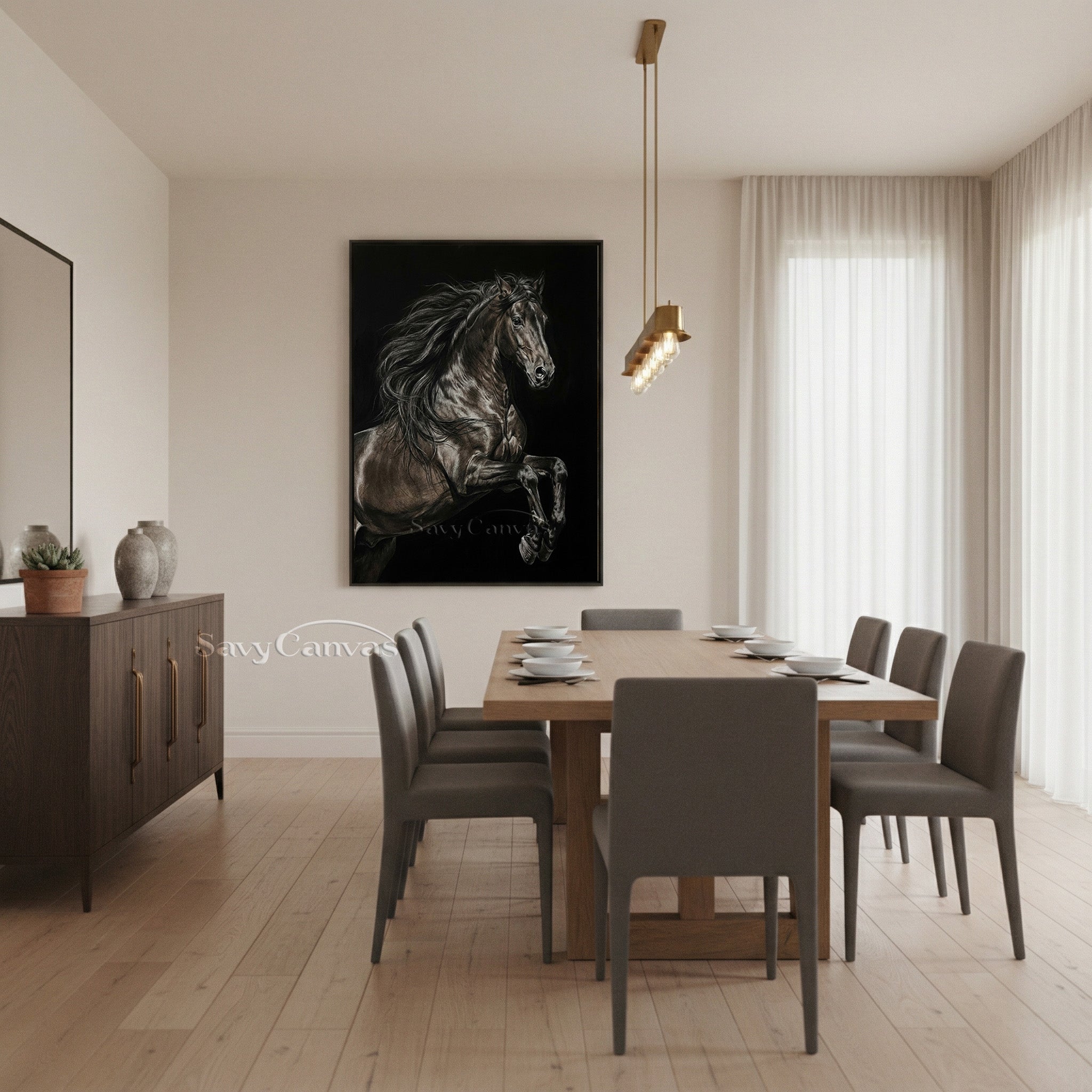 Hand-painted Black Rearing Horse Oil Painting on Canvas #SS 016