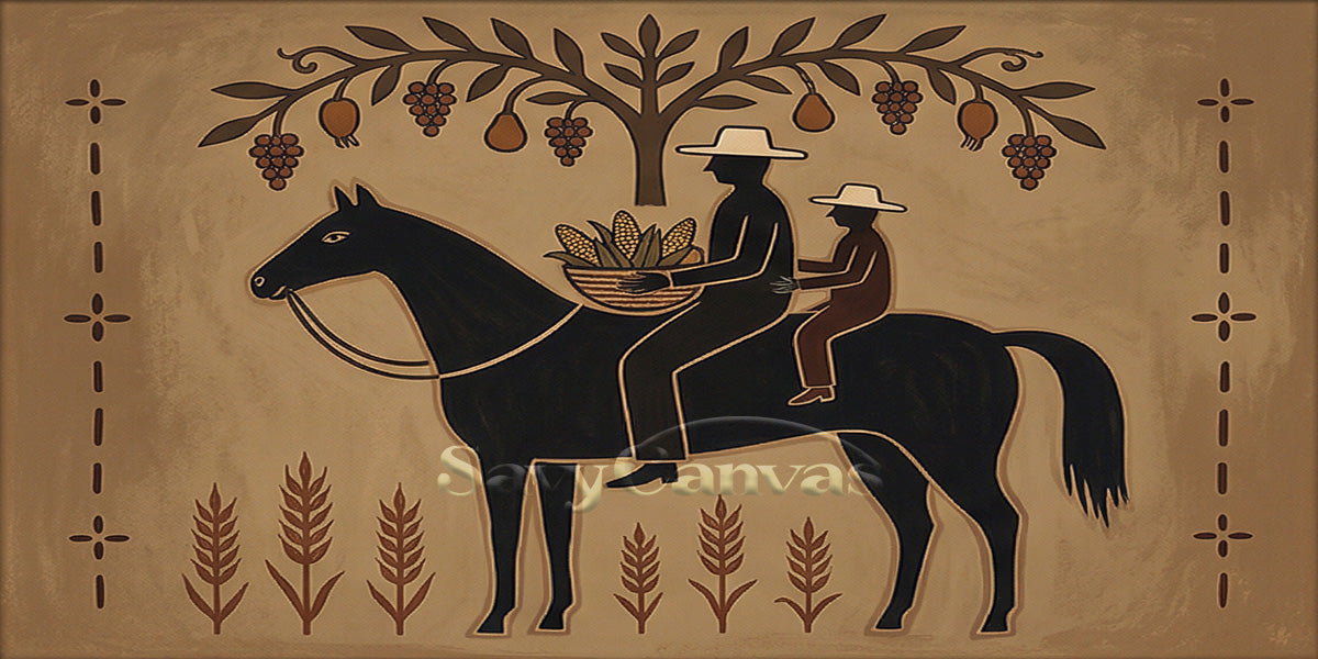 Vintage Earth Tone Folk Art Canvas | Handmade Farm Life Painting