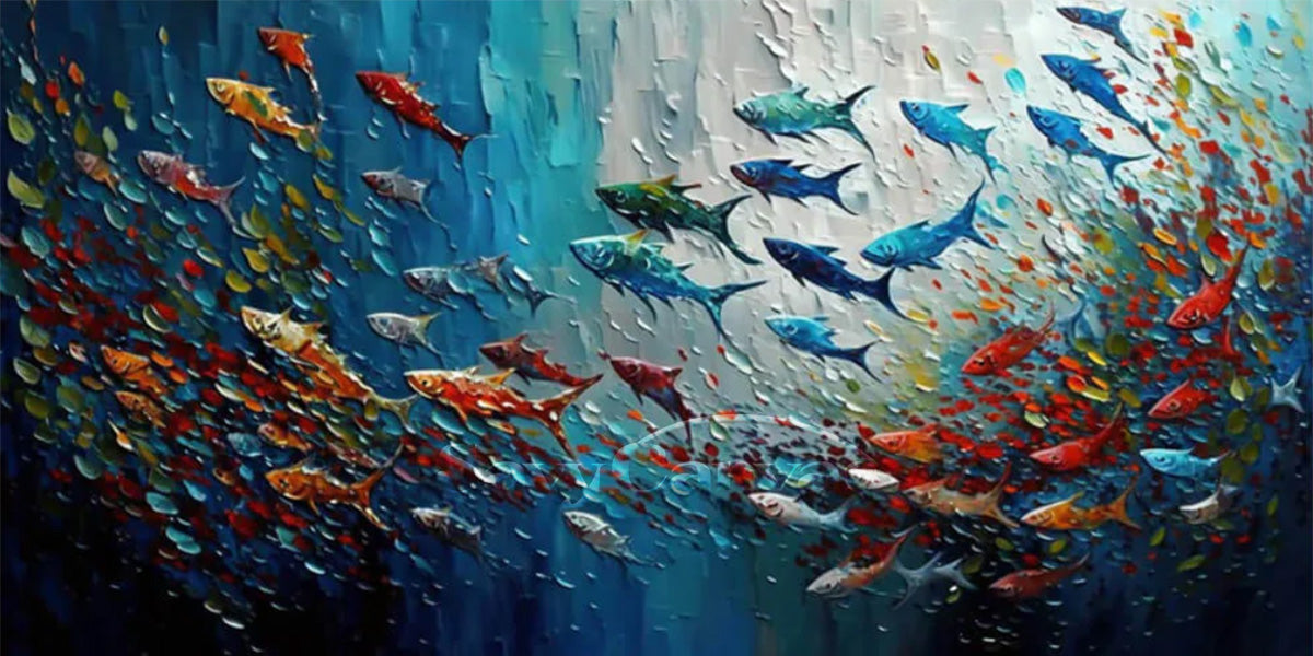 Dynamic School of Fish Hand-Painted Oil Painting | Vibrant Wall Art