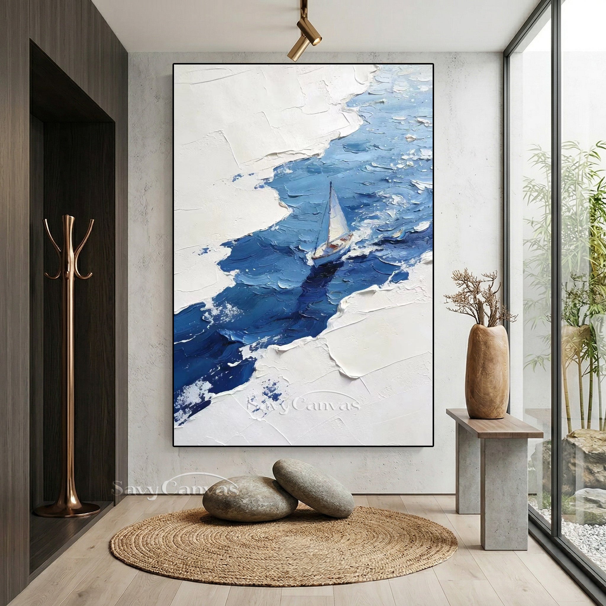 Textured White and Blue Abstract Sailboat Art | Hand-painted Oil #SS 004