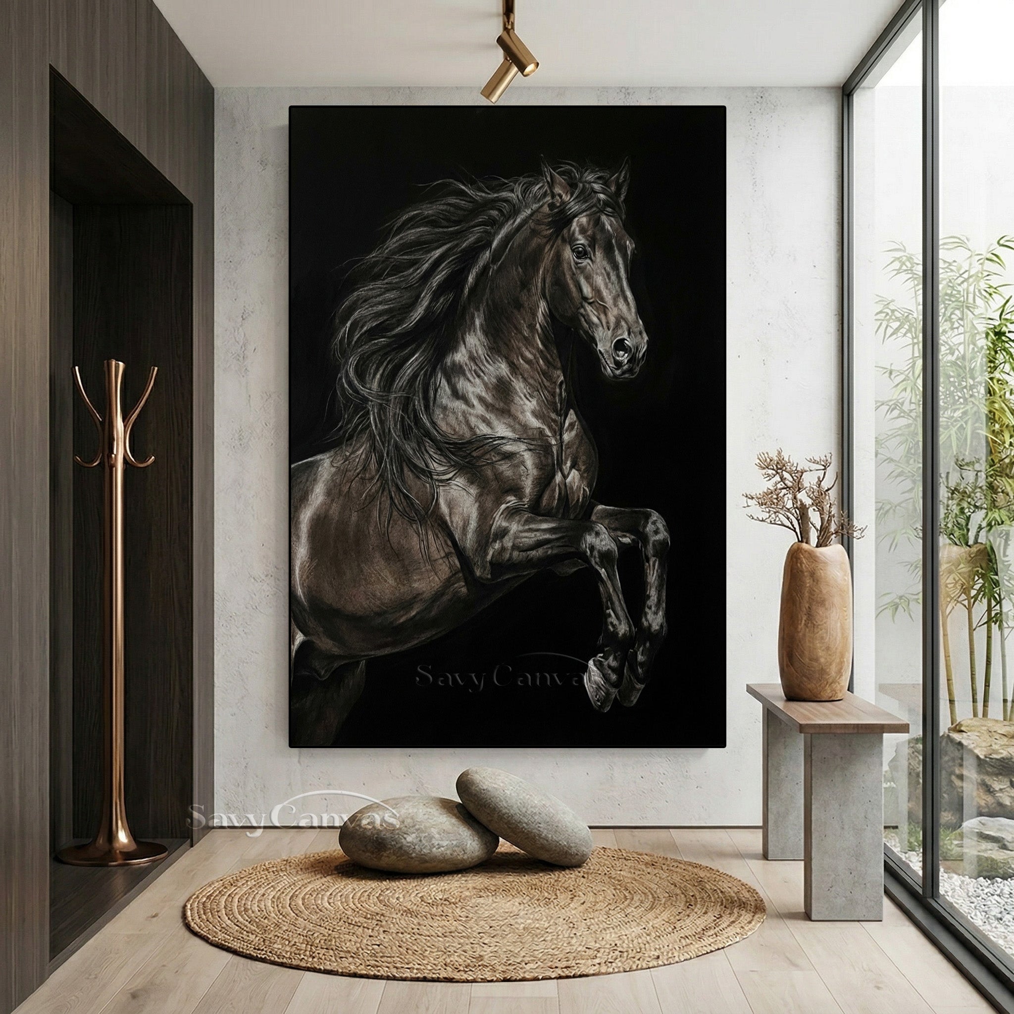 Hand-painted Black Rearing Horse Oil Painting on Canvas #SS 016