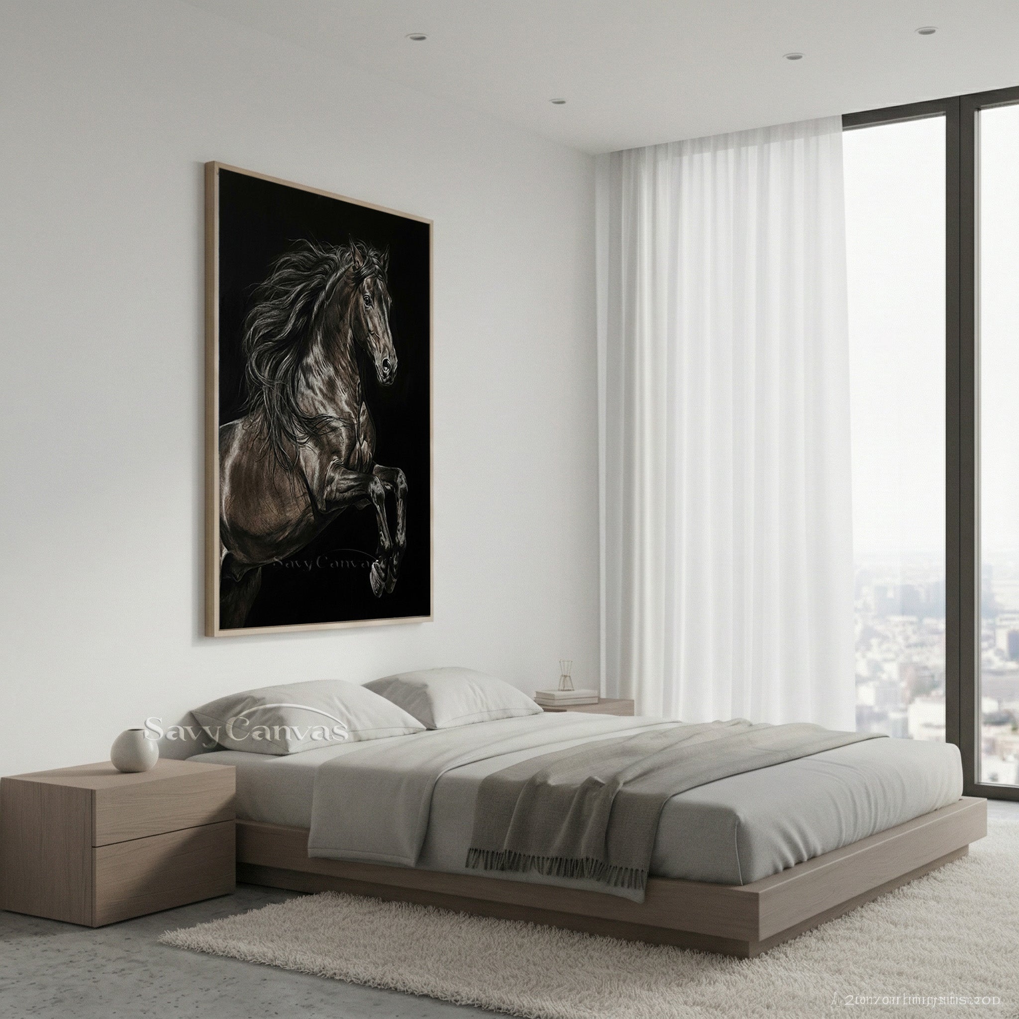 Hand-painted Black Rearing Horse Oil Painting on Canvas #SS 016