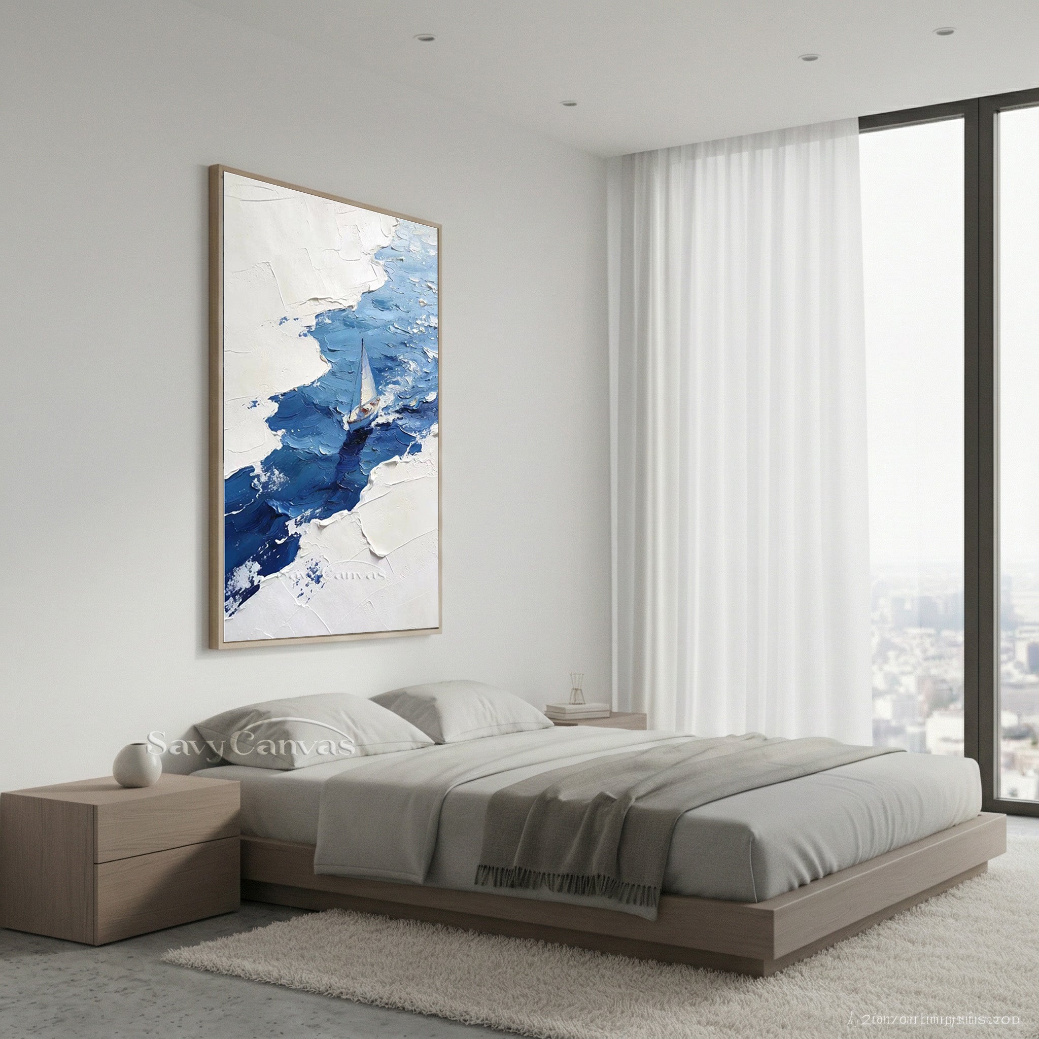 Textured White and Blue Abstract Sailboat Art | Hand-painted Oil #SS 004