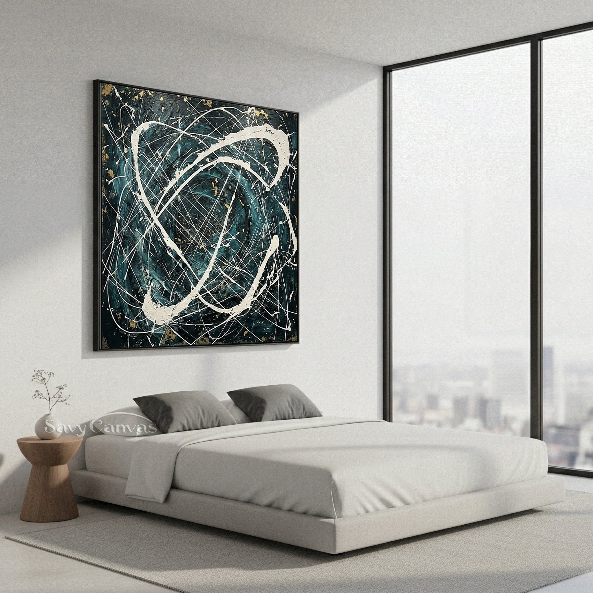Luxury Teal and Gold Abstract Painting Ink Splatter Decor #JJ 450