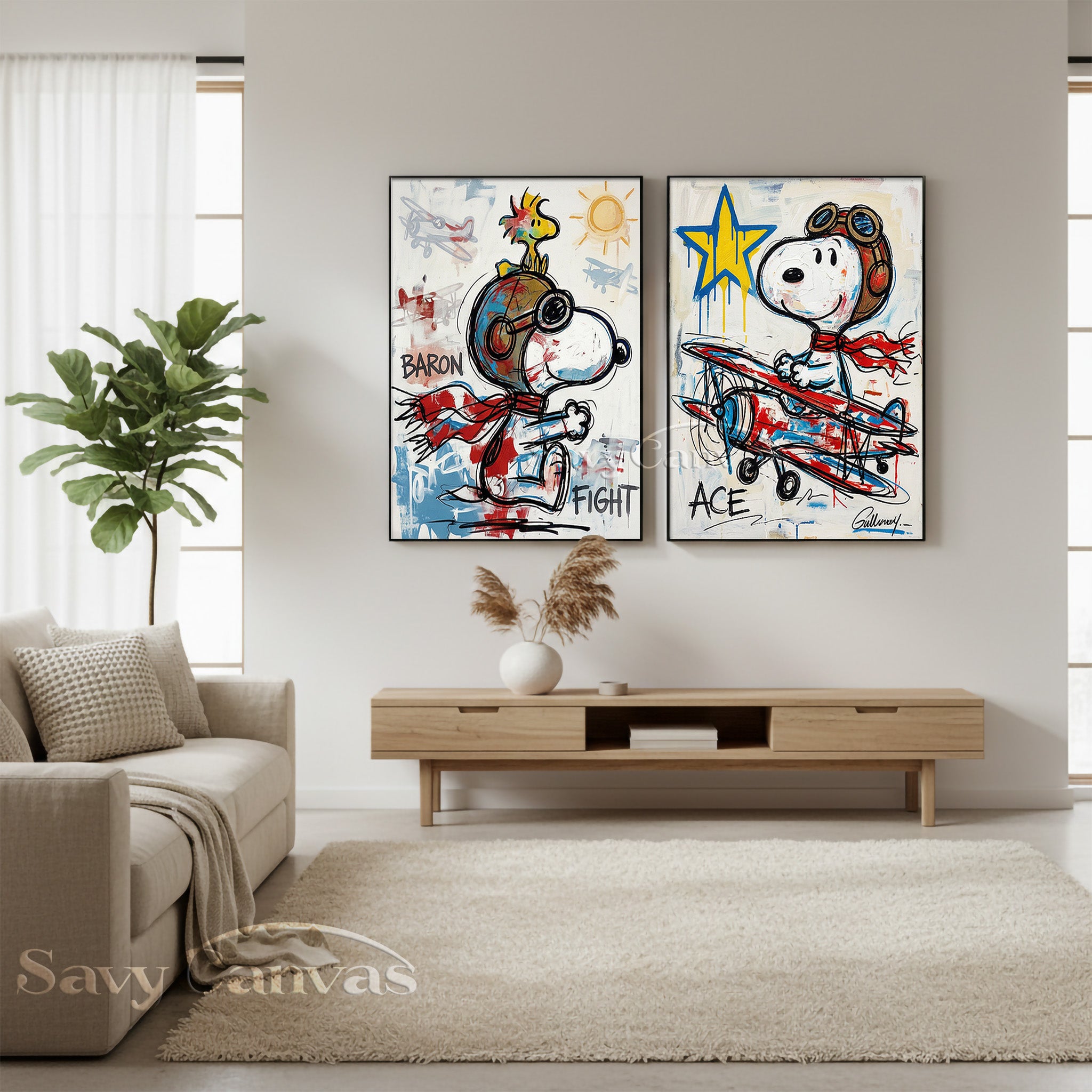 Snoopy Flying Ace Graffiti Oil Painting - 2 Piece Canvas Wall Art #SS 057