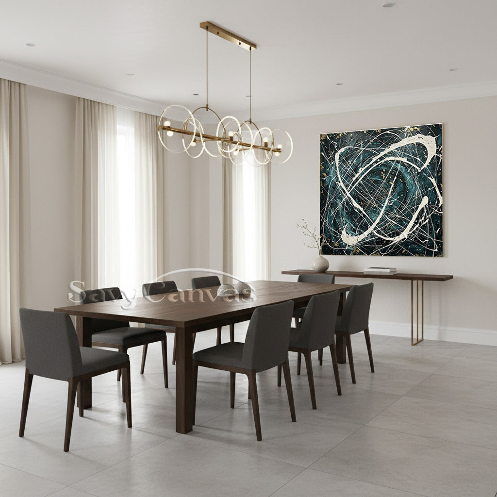 Luxury Teal and Gold Abstract Painting Ink Splatter Decor #JJ 450