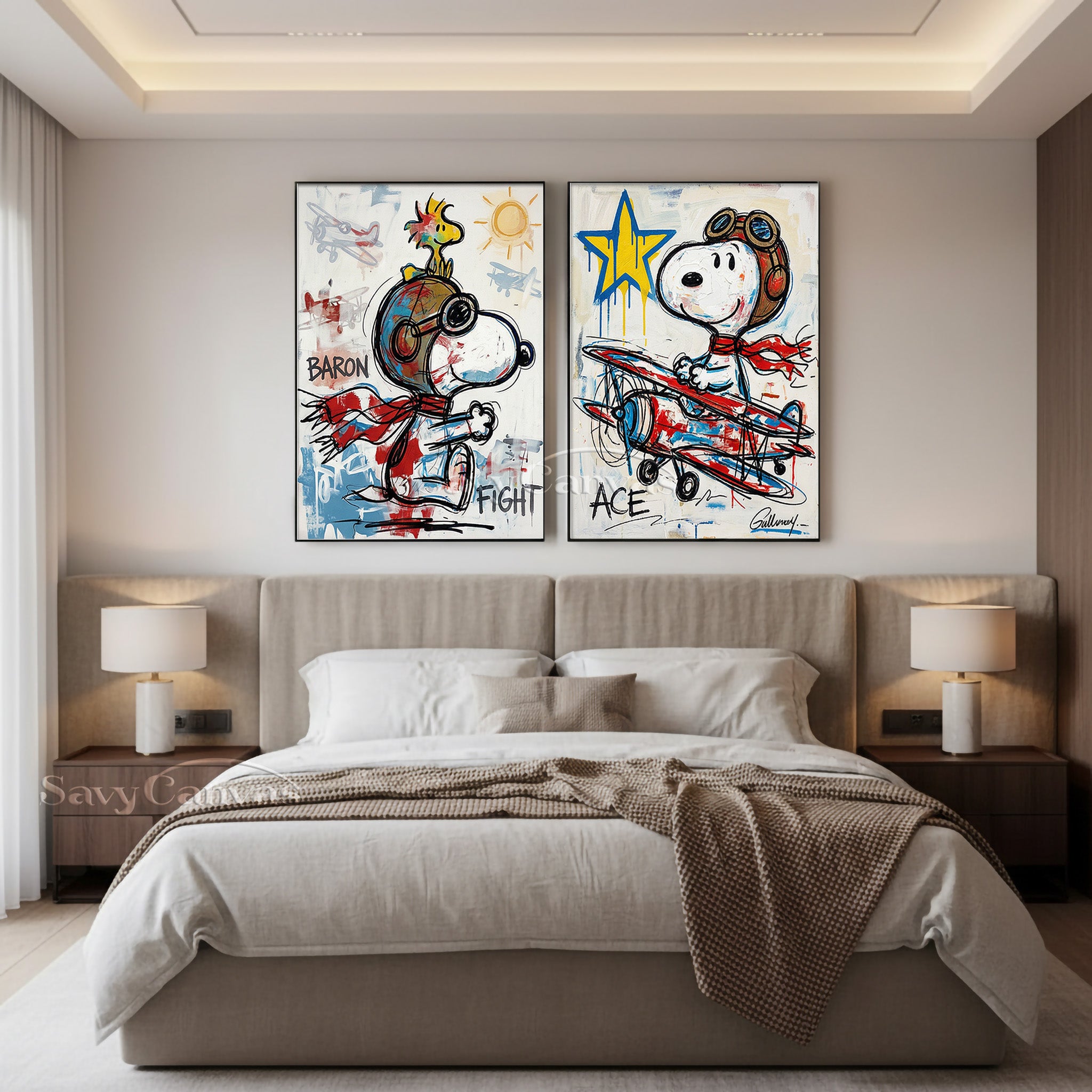Snoopy Flying Ace Graffiti Oil Painting - 2 Piece Canvas Wall Art #SS 057
