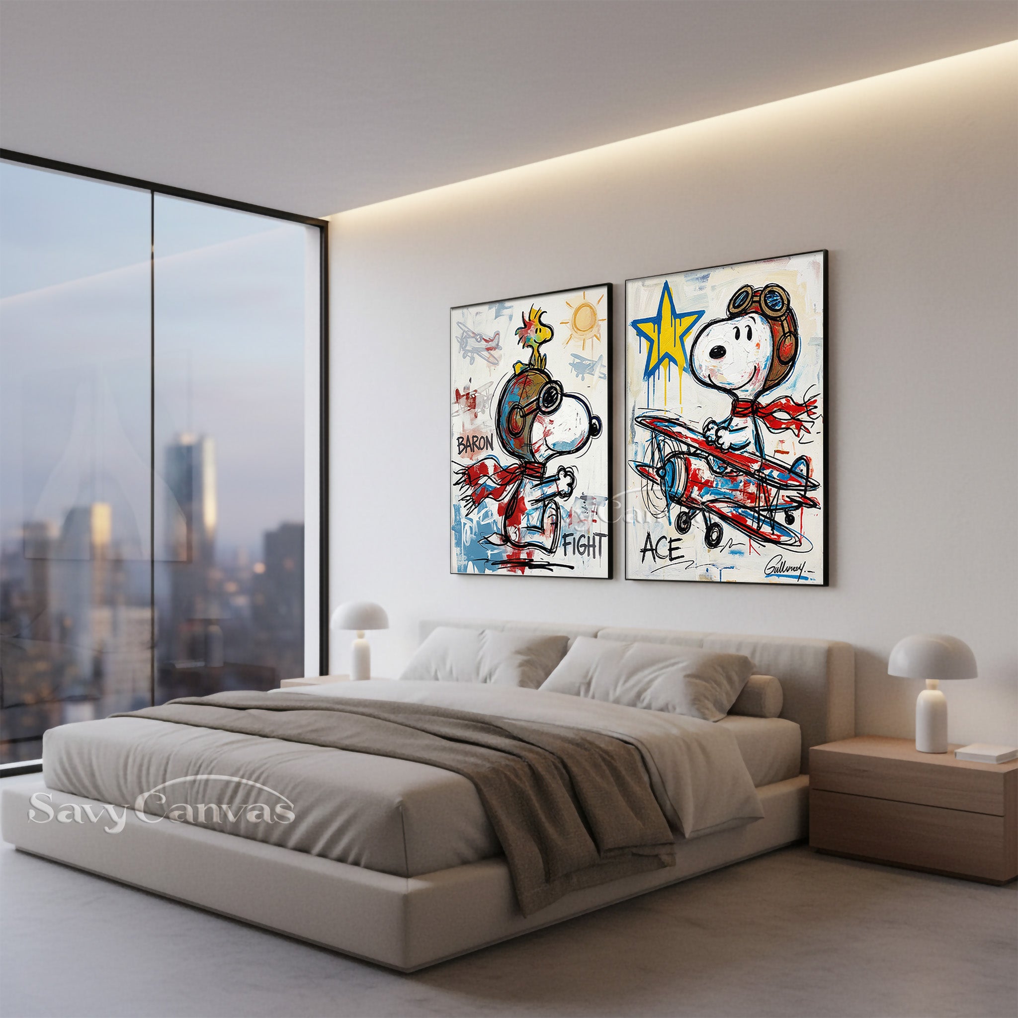 Snoopy Flying Ace Graffiti Oil Painting - 2 Piece Canvas Wall Art #SS 057