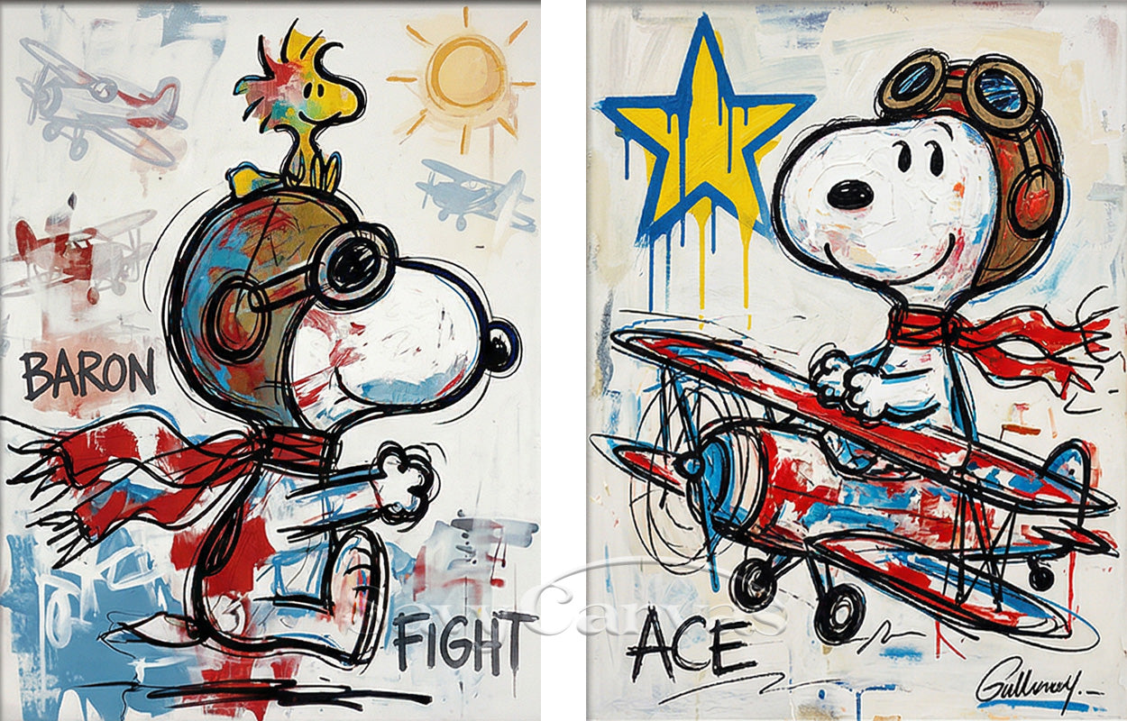 Snoopy Flying Ace Graffiti Oil Painting - 2 Piece Canvas Wall Art #SS 057