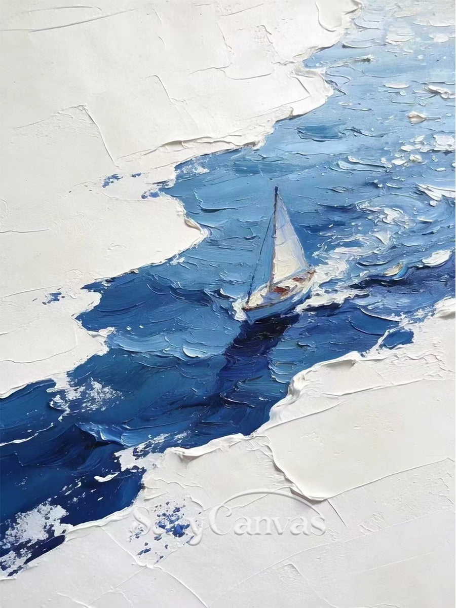Minimalist Blue Sailboat Wall Art | Large Hand-Painted Painting