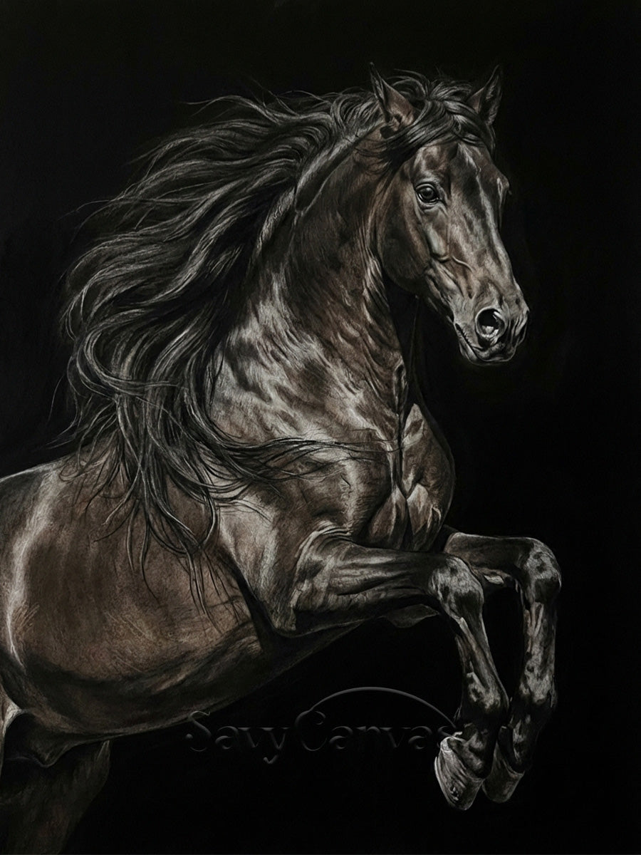 Hand-painted Black Rearing Horse Oil Painting on Canvas #SS 016