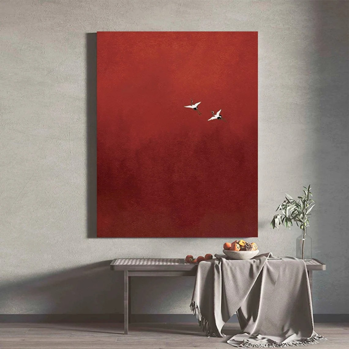 Minimalist Red Abstract Oil Painting with Flying Birds Wall Art #TC 026
