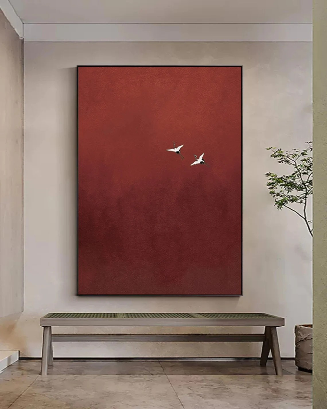 Minimalist Red Abstract Oil Painting with Flying Birds Wall Art #TC 026