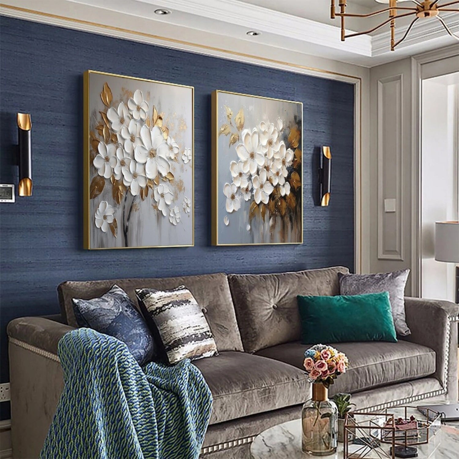 HandPainting Oil Painting for Home Decor: White Flowers with Gold Highlights #JJ 328