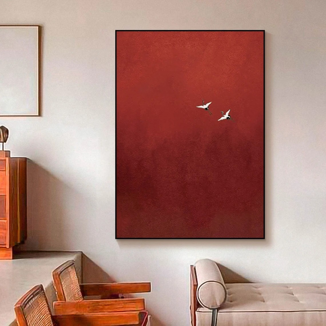 Minimalist Red Abstract Oil Painting with Flying Birds Wall Art #TC 026