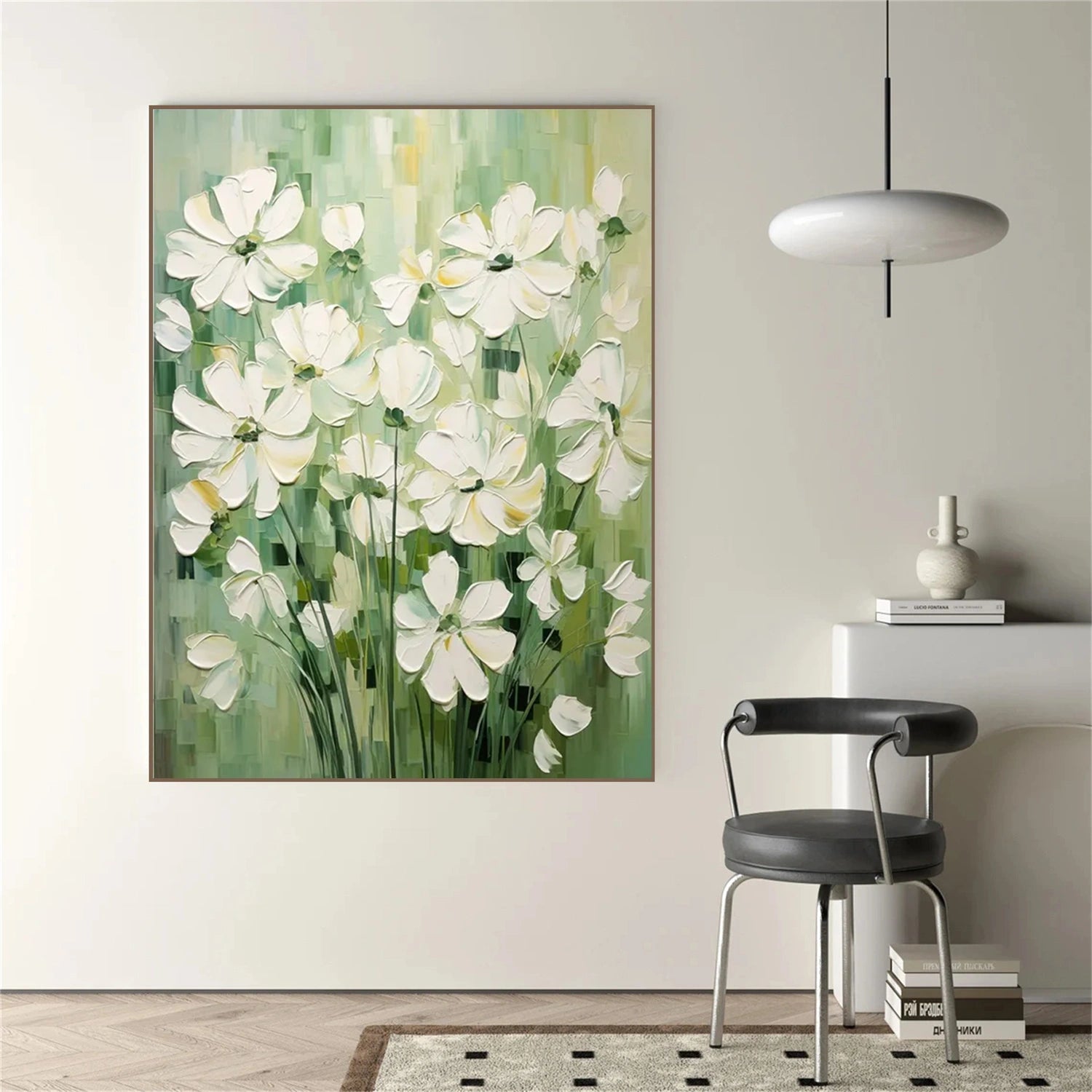 Vertical White Flower Field Art | Green Abstract Oil #JJ 306