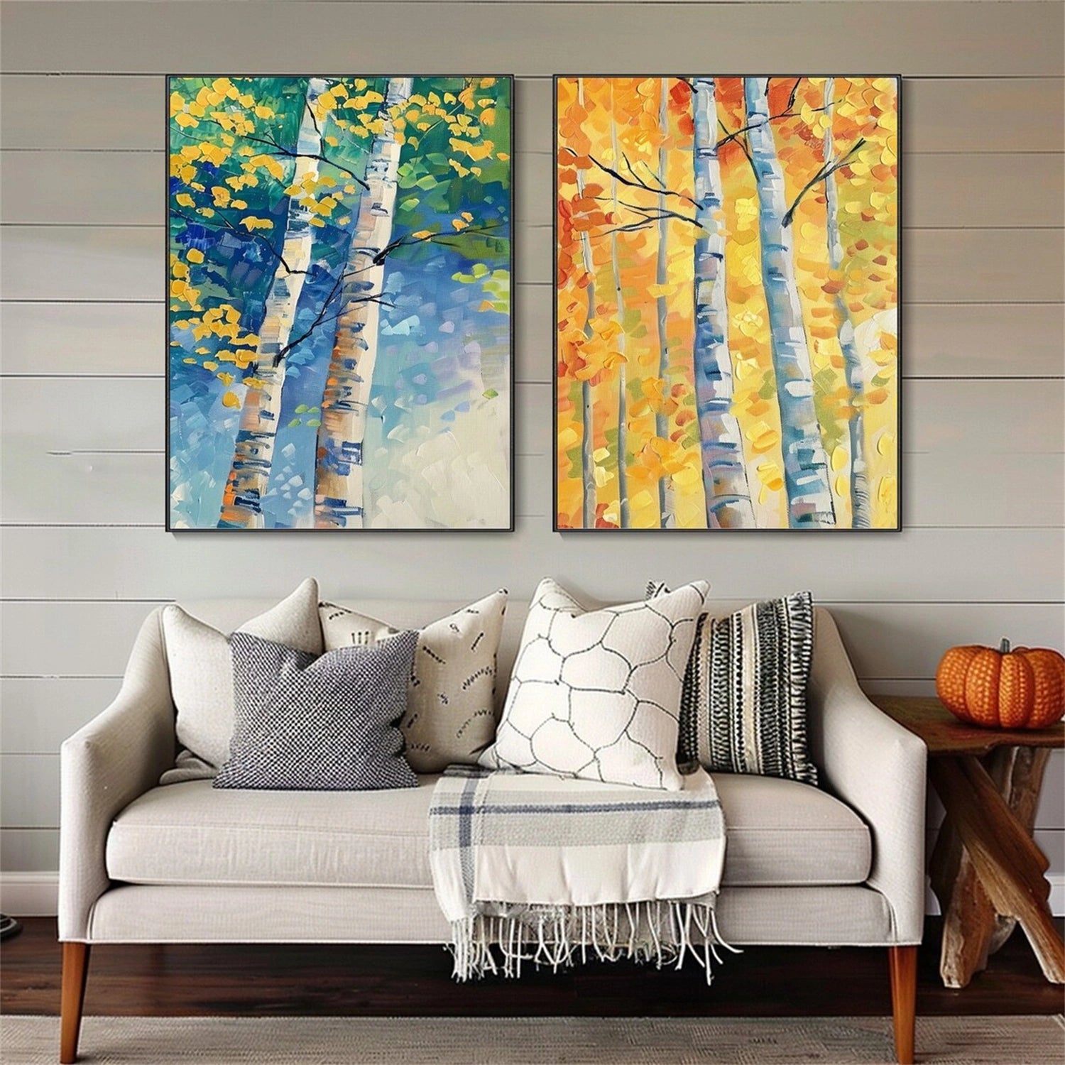 Textured Aspen Tree Set Hand-Painted Oil Paintings | Seasonal Wall Art Duo #JJ 327
