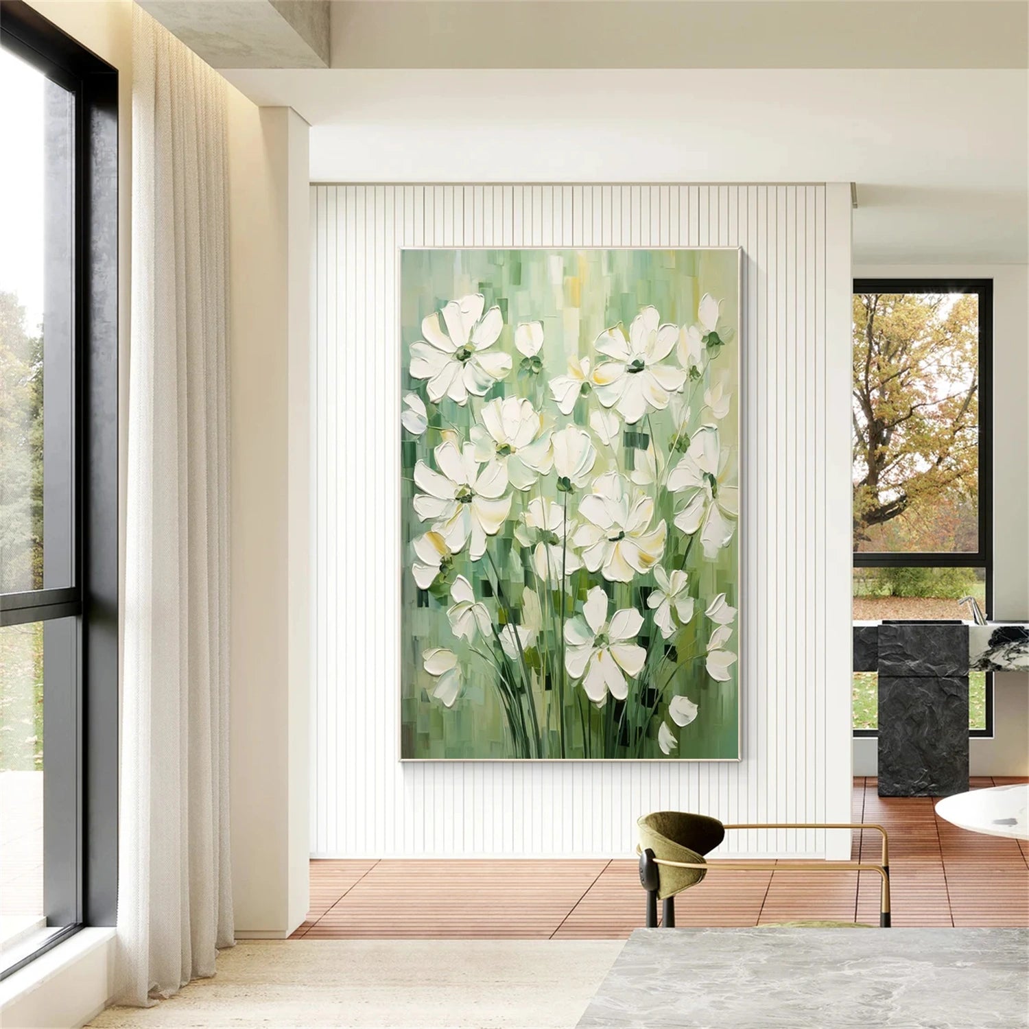 Vertical White Flower Field Art | Green Abstract Oil #JJ 306