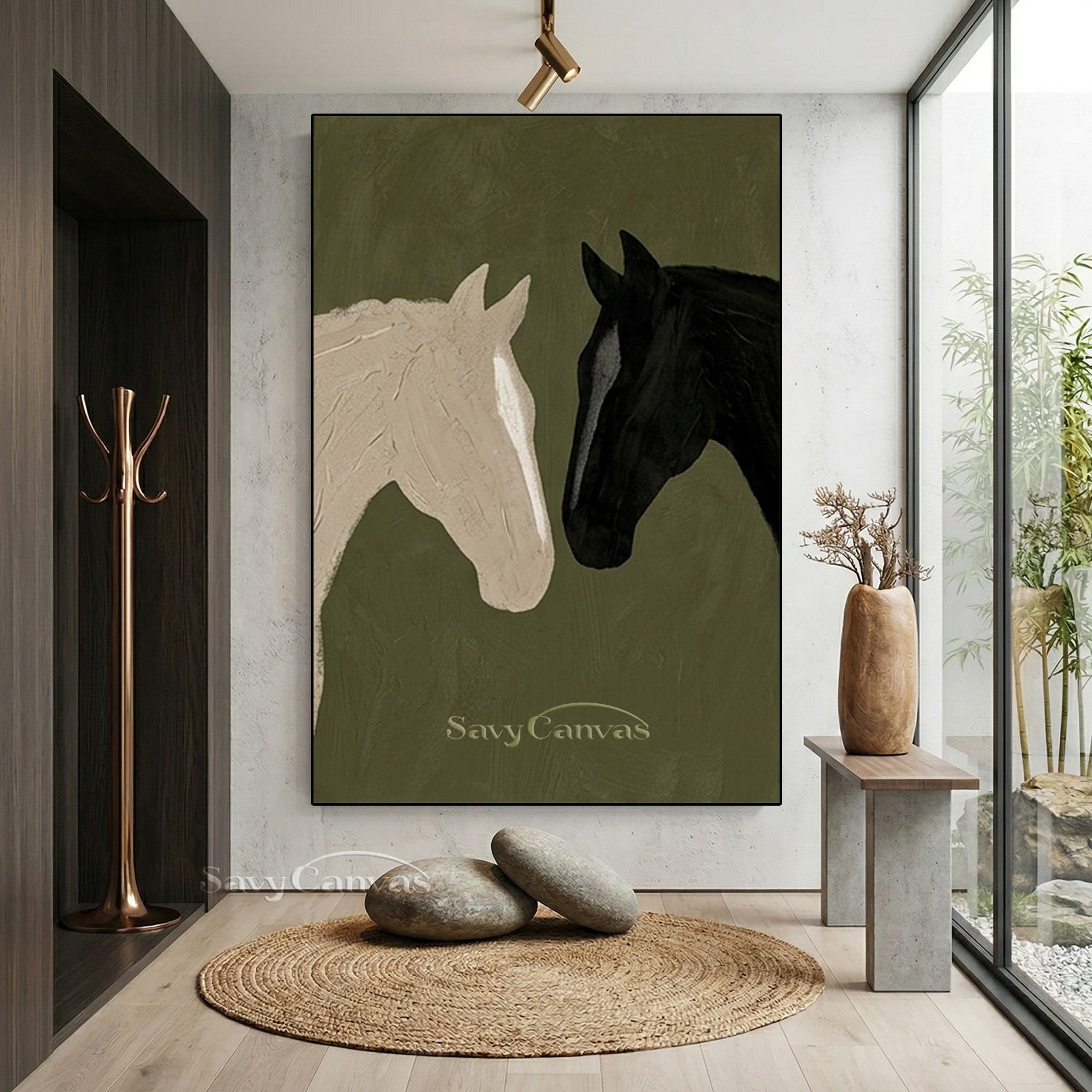 Abstract Two Horses Oil Painting | Modern Black and White Art #SS 185
