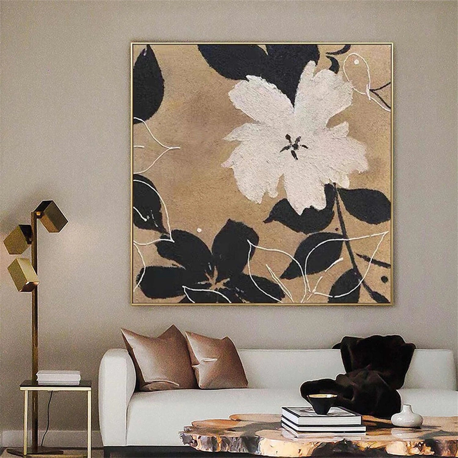 Black White Flower Painting | Modern Beige Abstract Floral Canvas #JJ 348