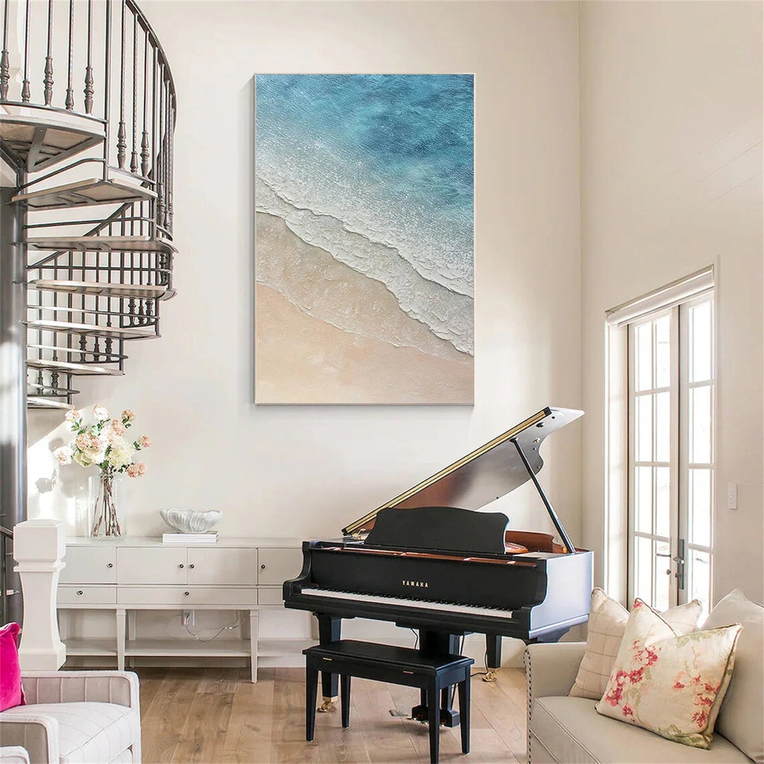Gentle Beach and Ocean Abstract - Blue White Beige Textured Art Oil Painting #JJ 116