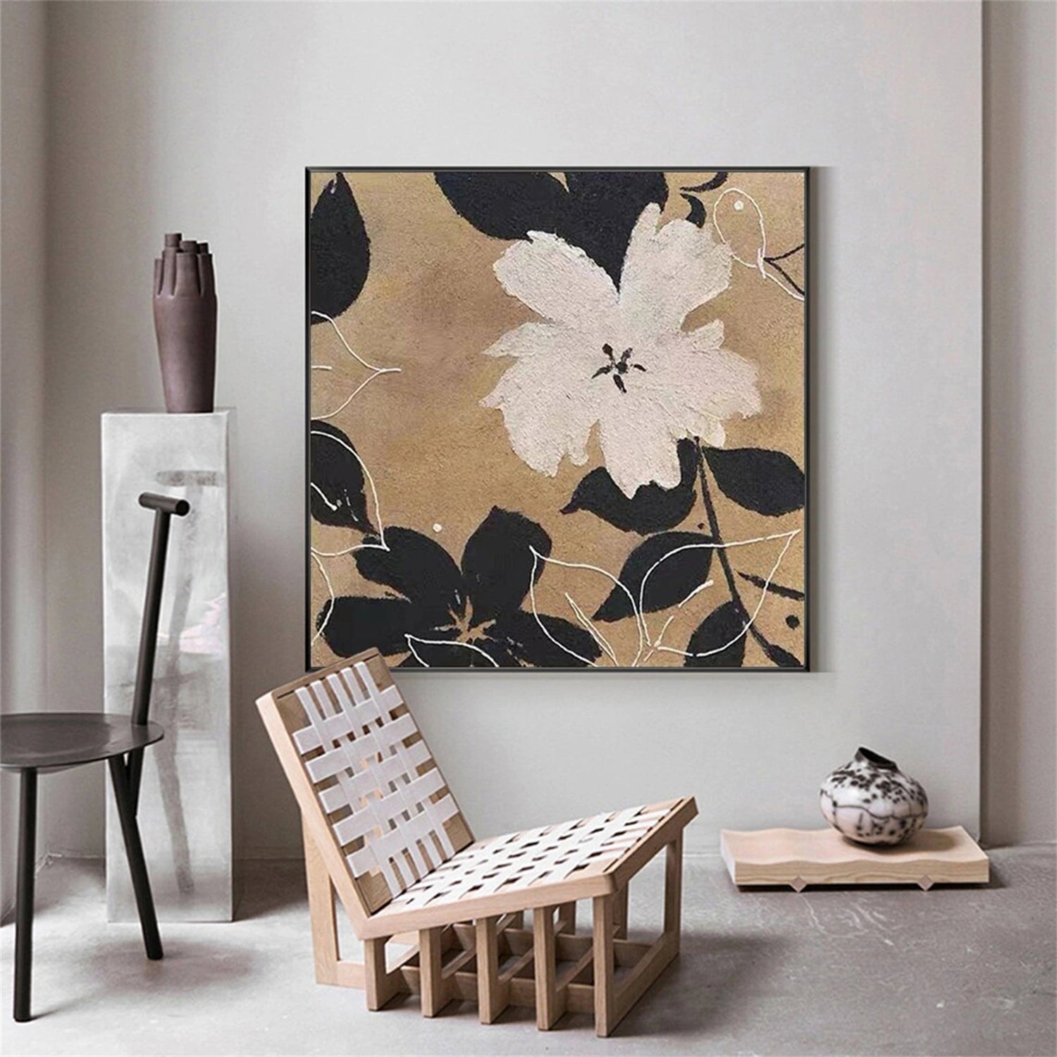 Black White Flower Painting | Modern Beige Abstract Floral Canvas #JJ 348