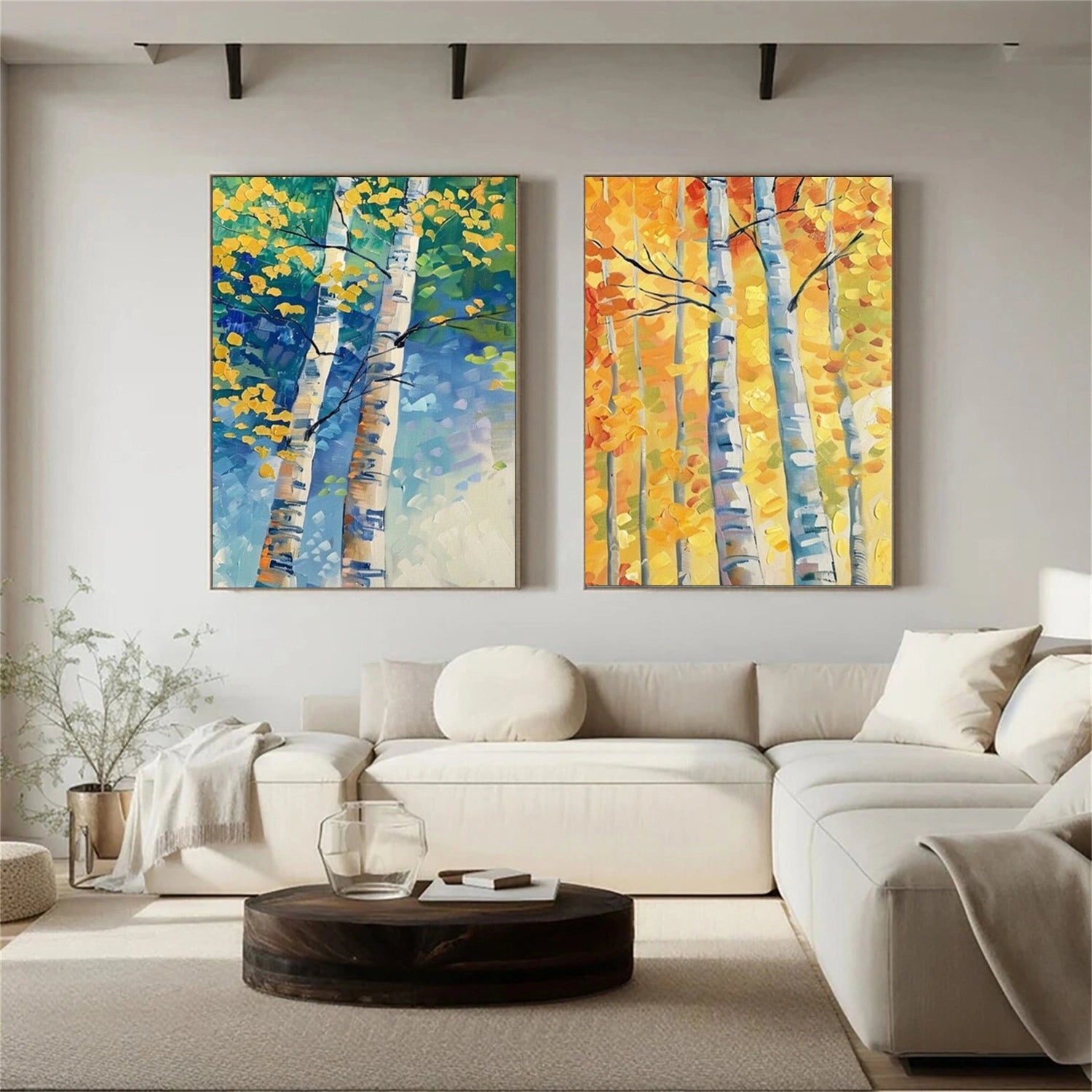 Textured Aspen Tree Set Hand-Painted Oil Paintings | Seasonal Wall Art Duo #JJ 327