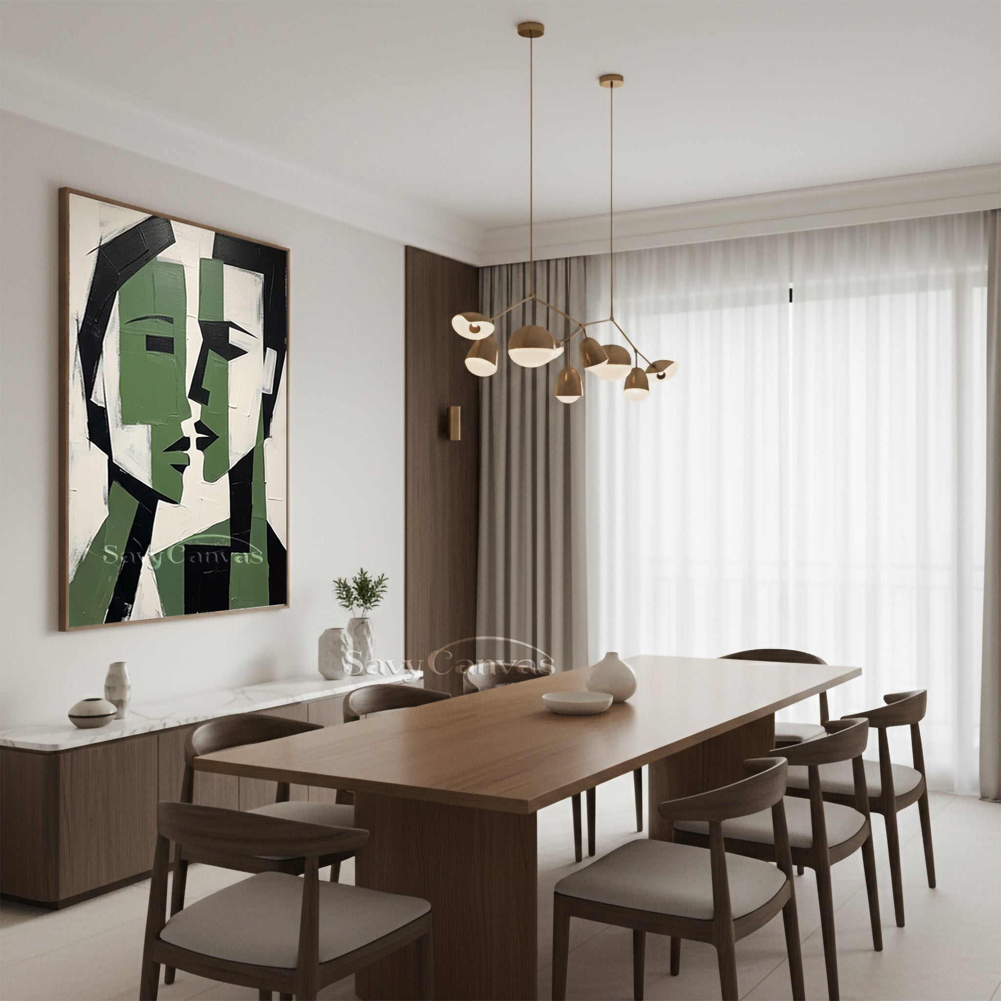 Cubist Style Lovers Face Art | Large Emerald Green Oil Painting #SS 188