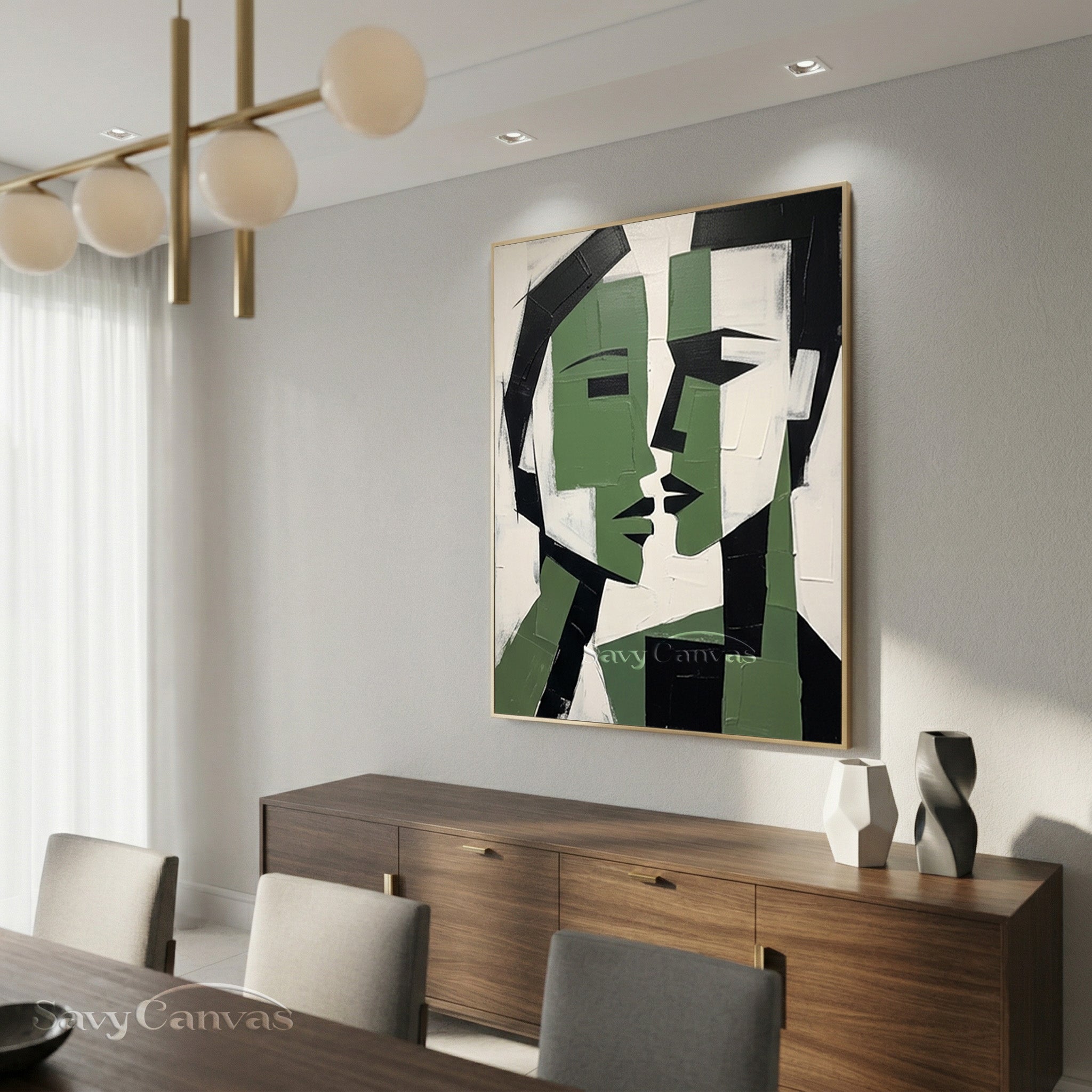 Cubist Style Lovers Face Art | Large Emerald Green Oil Painting #SS 188