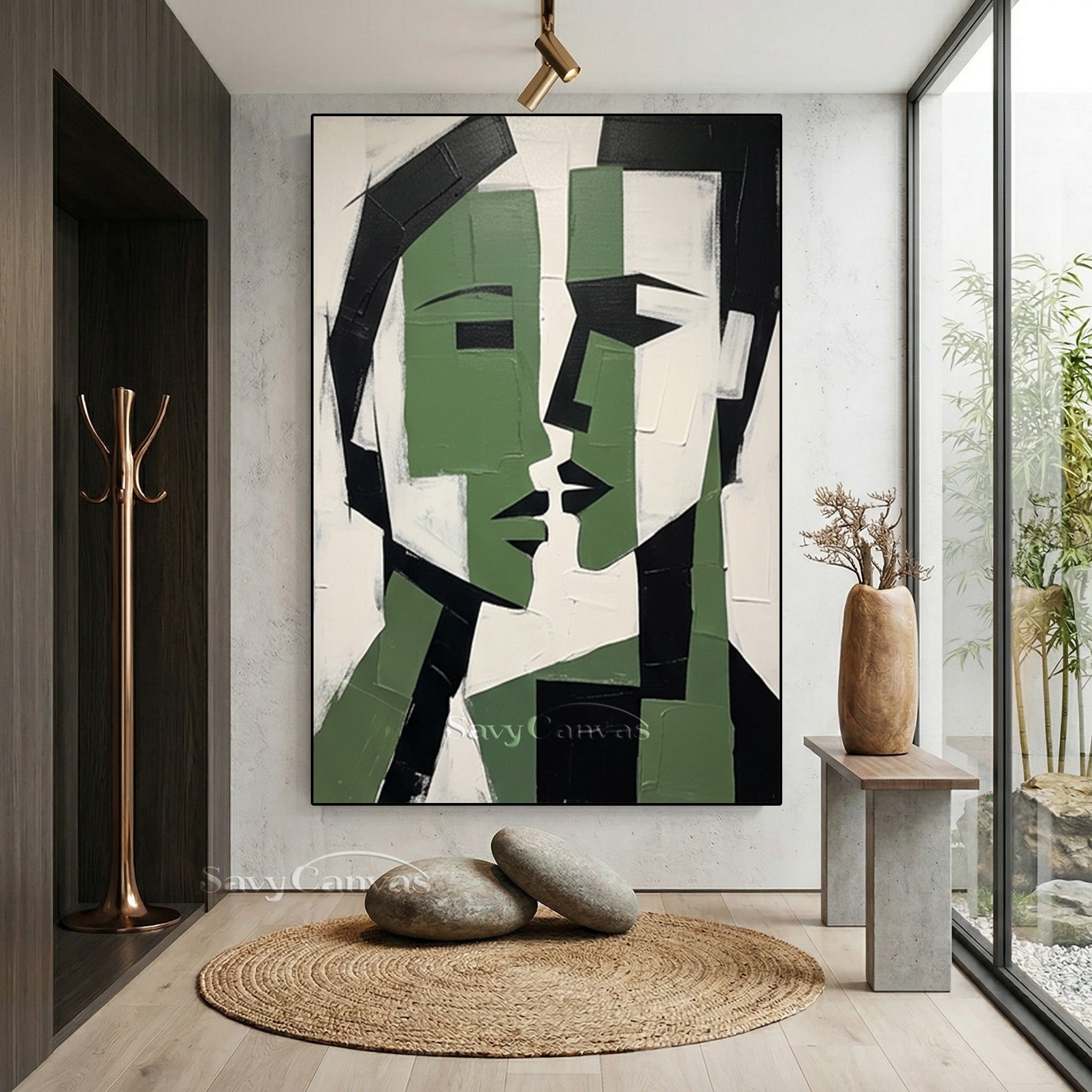 Cubist Style Lovers Face Art | Large Emerald Green Oil Painting #SS 188