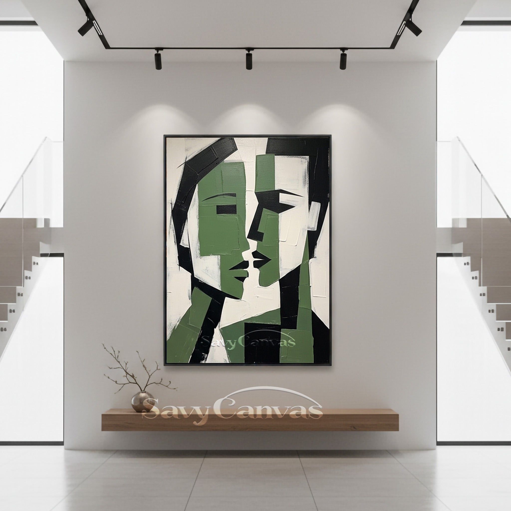 Cubist Style Lovers Face Art | Large Emerald Green Oil Painting #SS 188