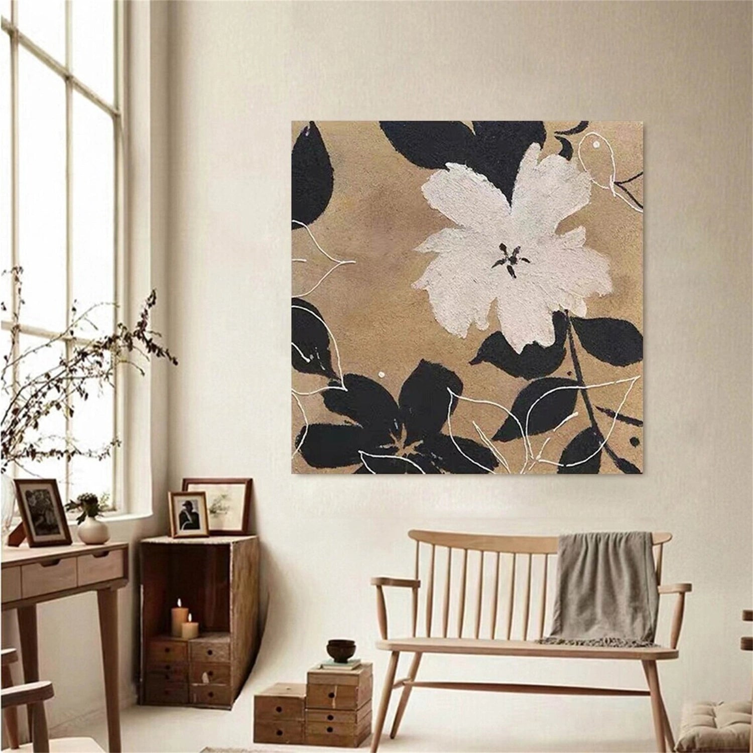 Black White Flower Painting | Modern Beige Abstract Floral Canvas #JJ 348