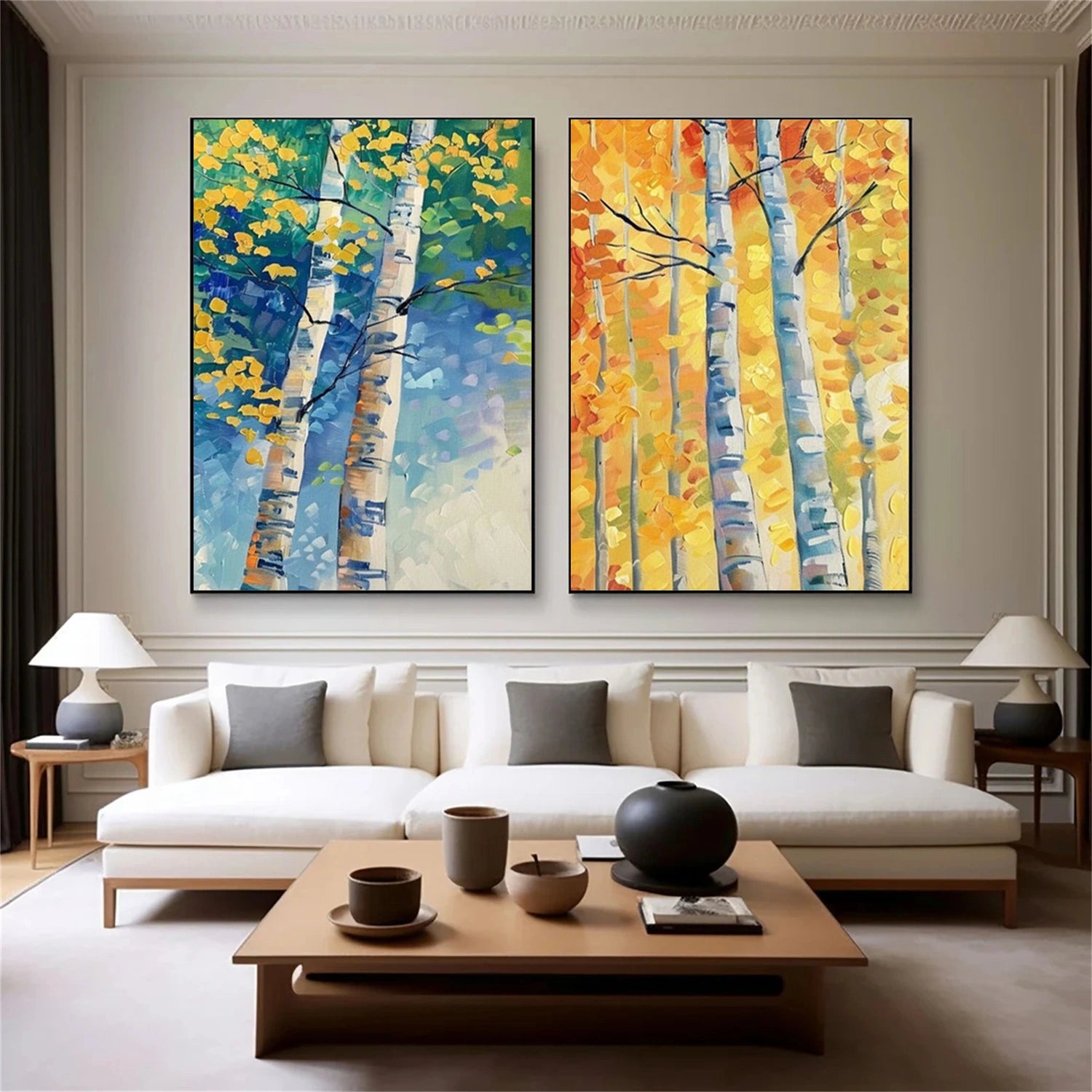 Textured Aspen Tree Set Hand-Painted Oil Paintings | Seasonal Wall Art Duo #JJ 327