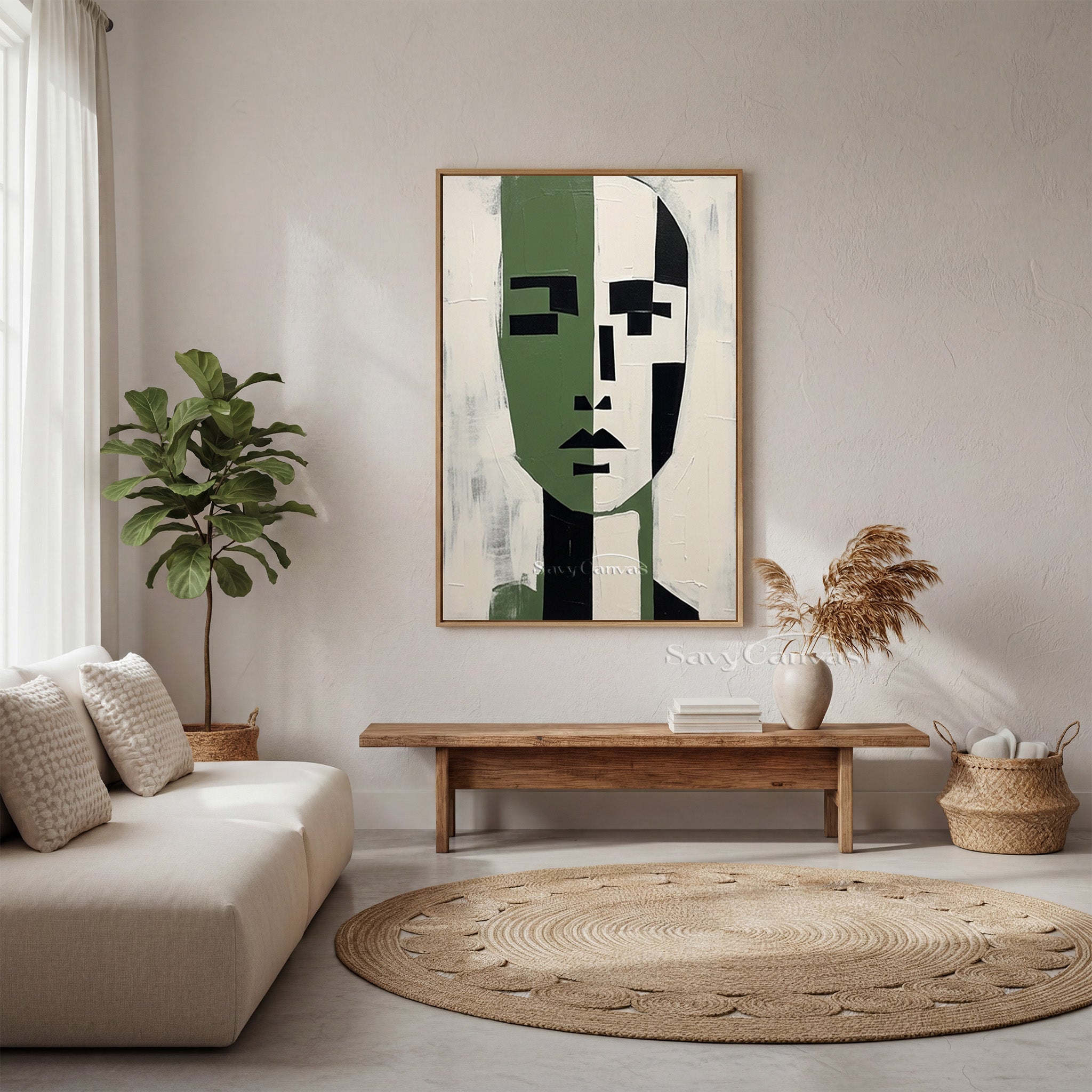 Modern Abstract Face Oil Painting | Green & White Symmetric Art #SS 189