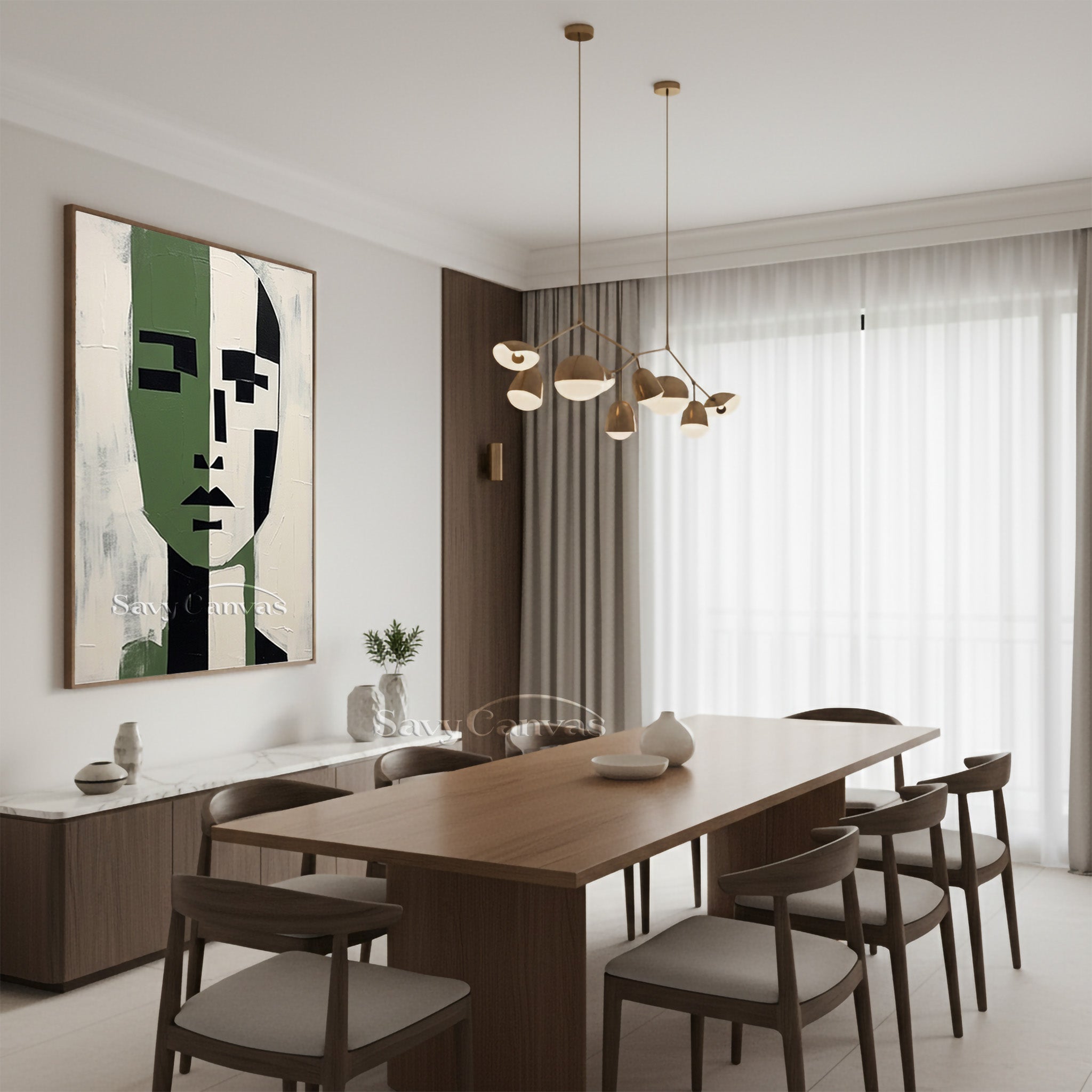 Modern Abstract Face Oil Painting | Green & White Symmetric Art #SS 189