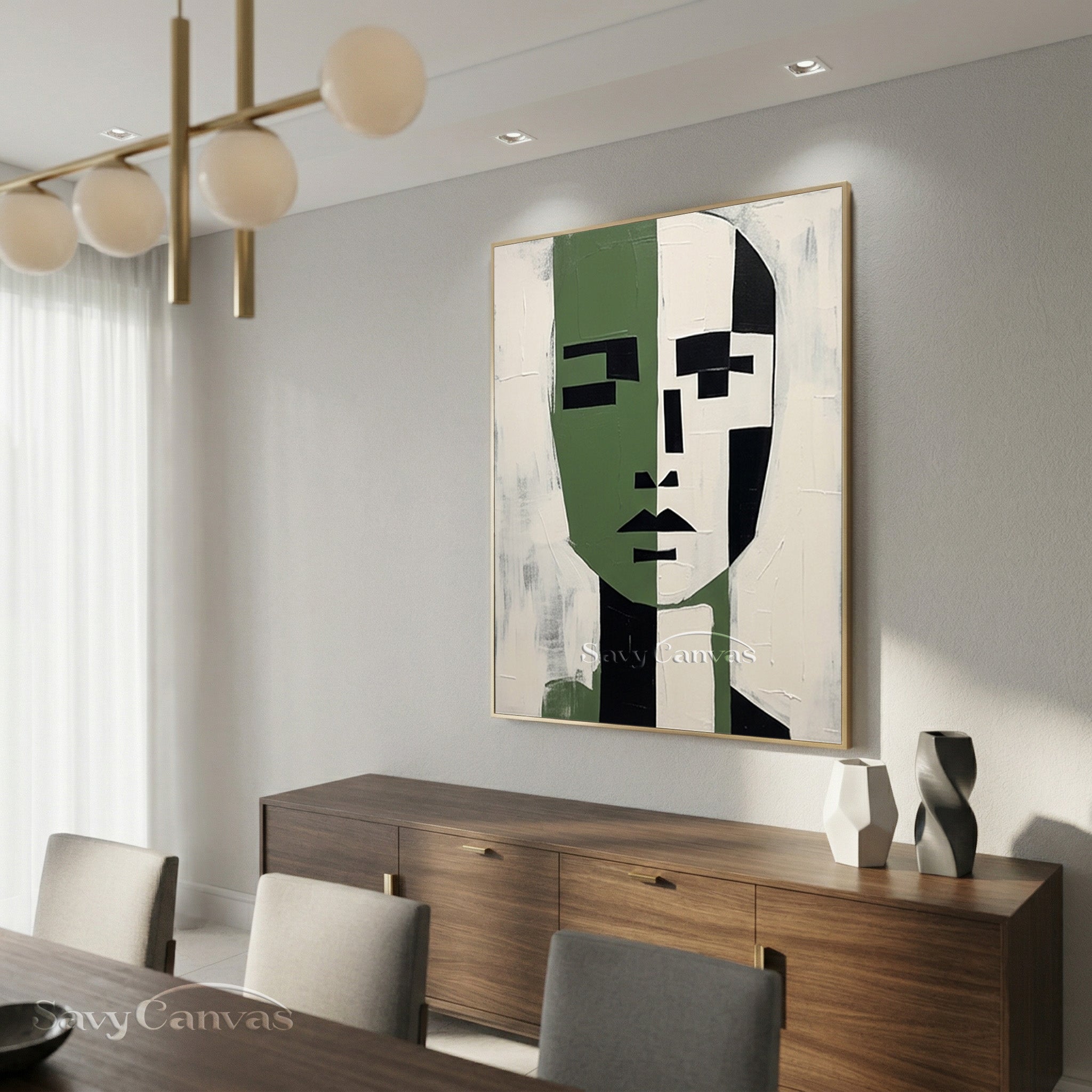 Modern Abstract Face Oil Painting | Green & White Symmetric Art #SS 189