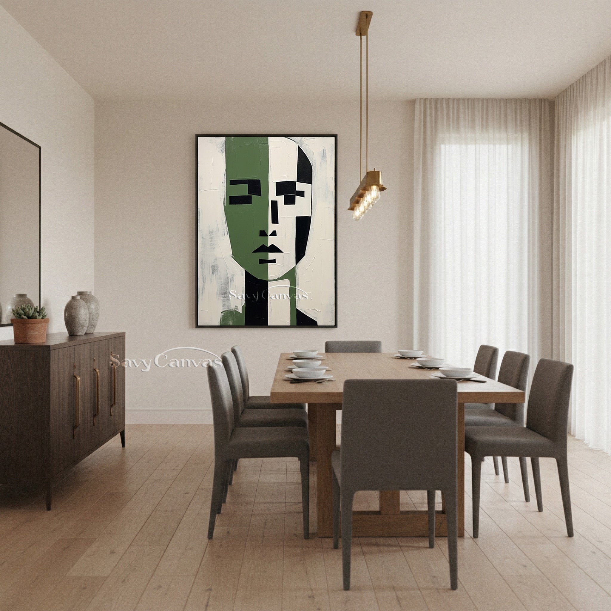Modern Abstract Face Oil Painting | Green & White Symmetric Art #SS 189