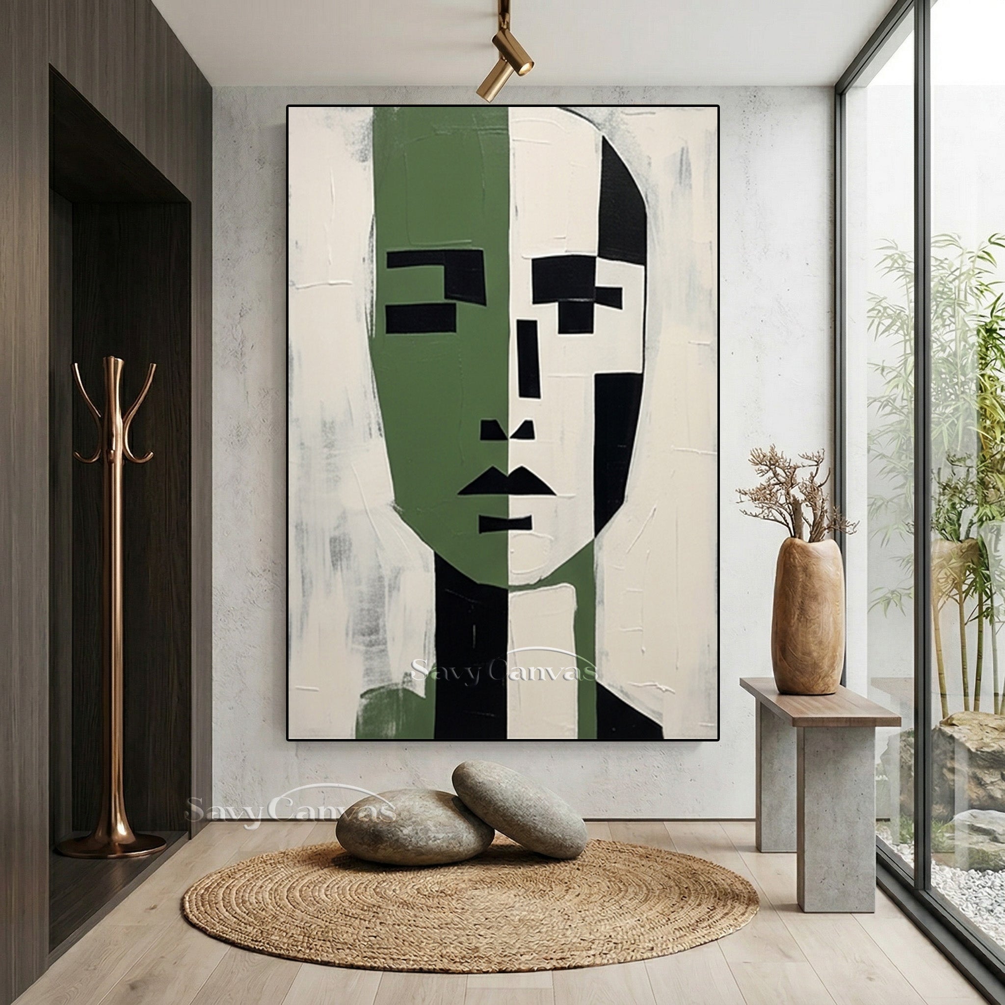 Modern Abstract Face Oil Painting | Green & White Symmetric Art #SS 189